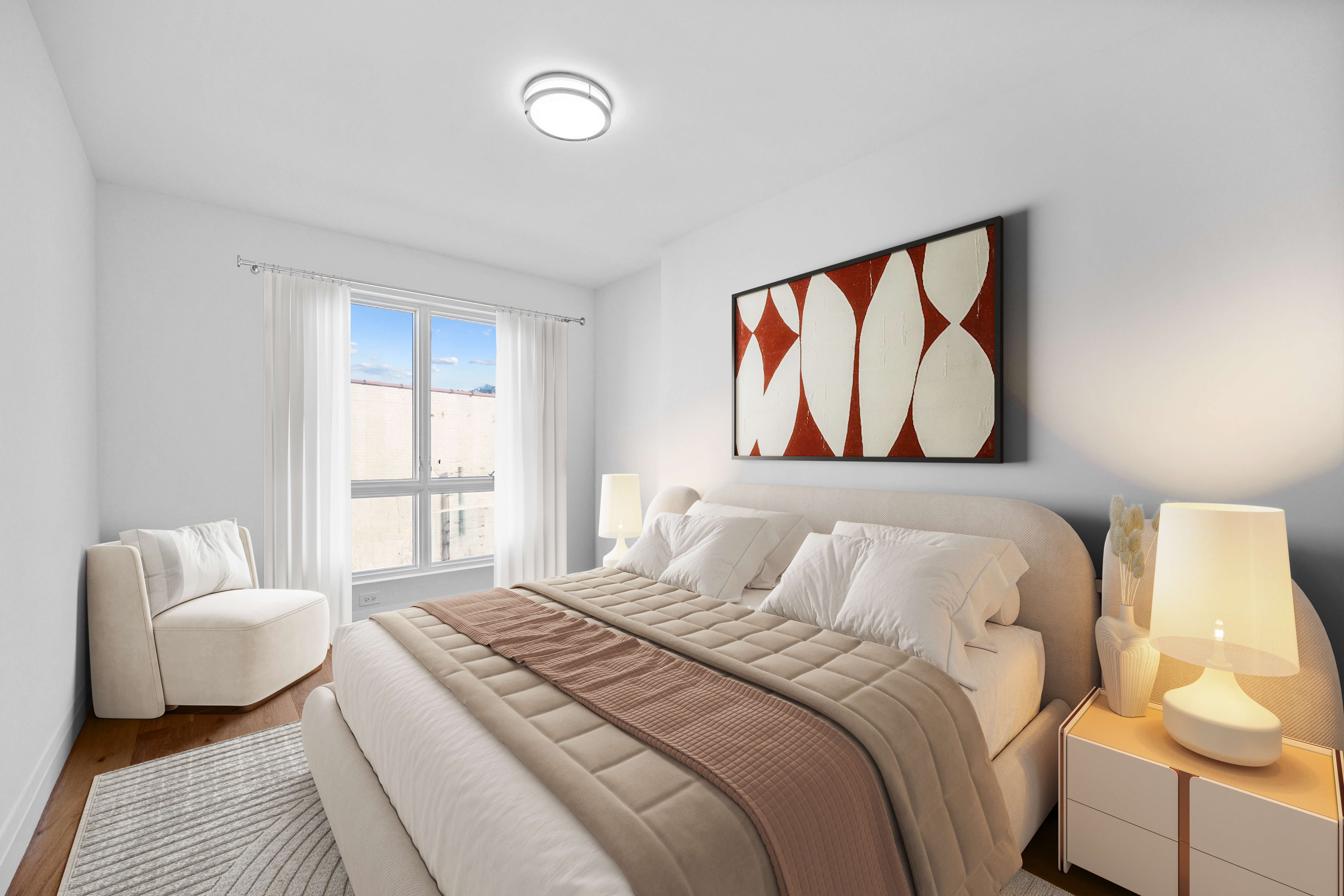 Bright modern bedroom with abstract art