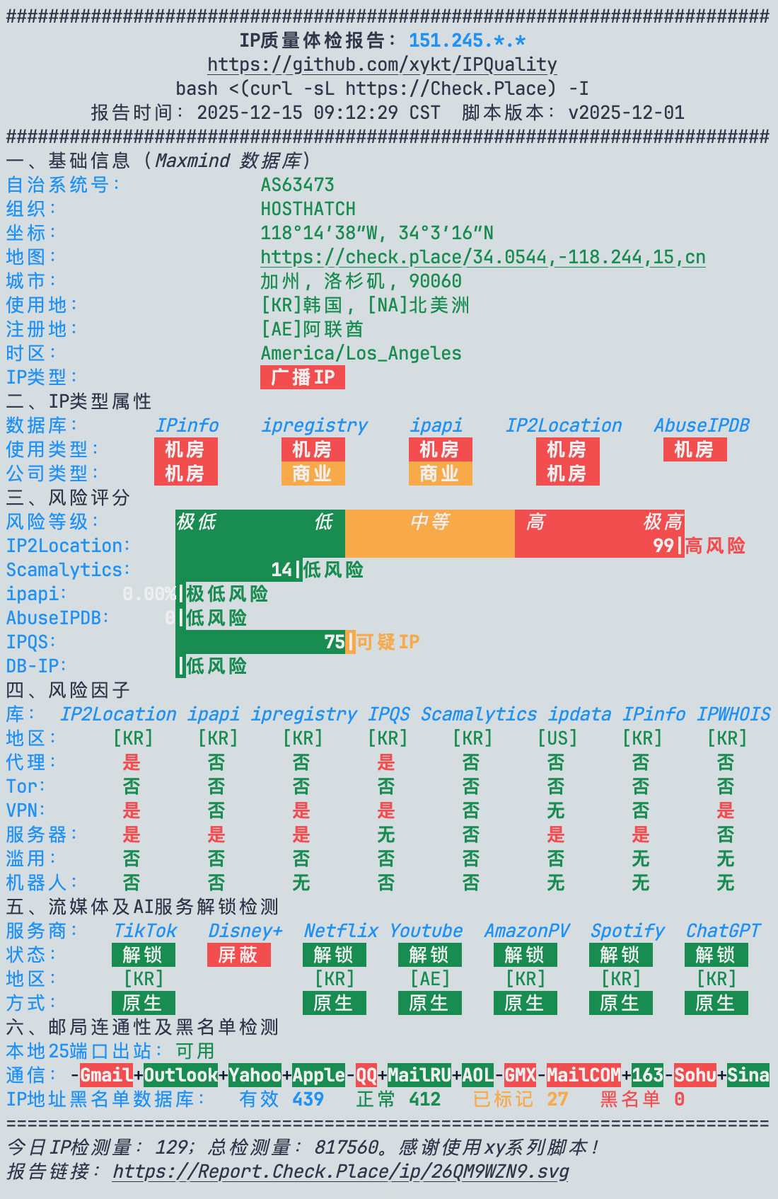 [开机测评][NodeQuality]Hosthatch 黑五特惠 韩国首尔机房 HH Seoul LG线路 Moack下游 白天电信联通表现 ...