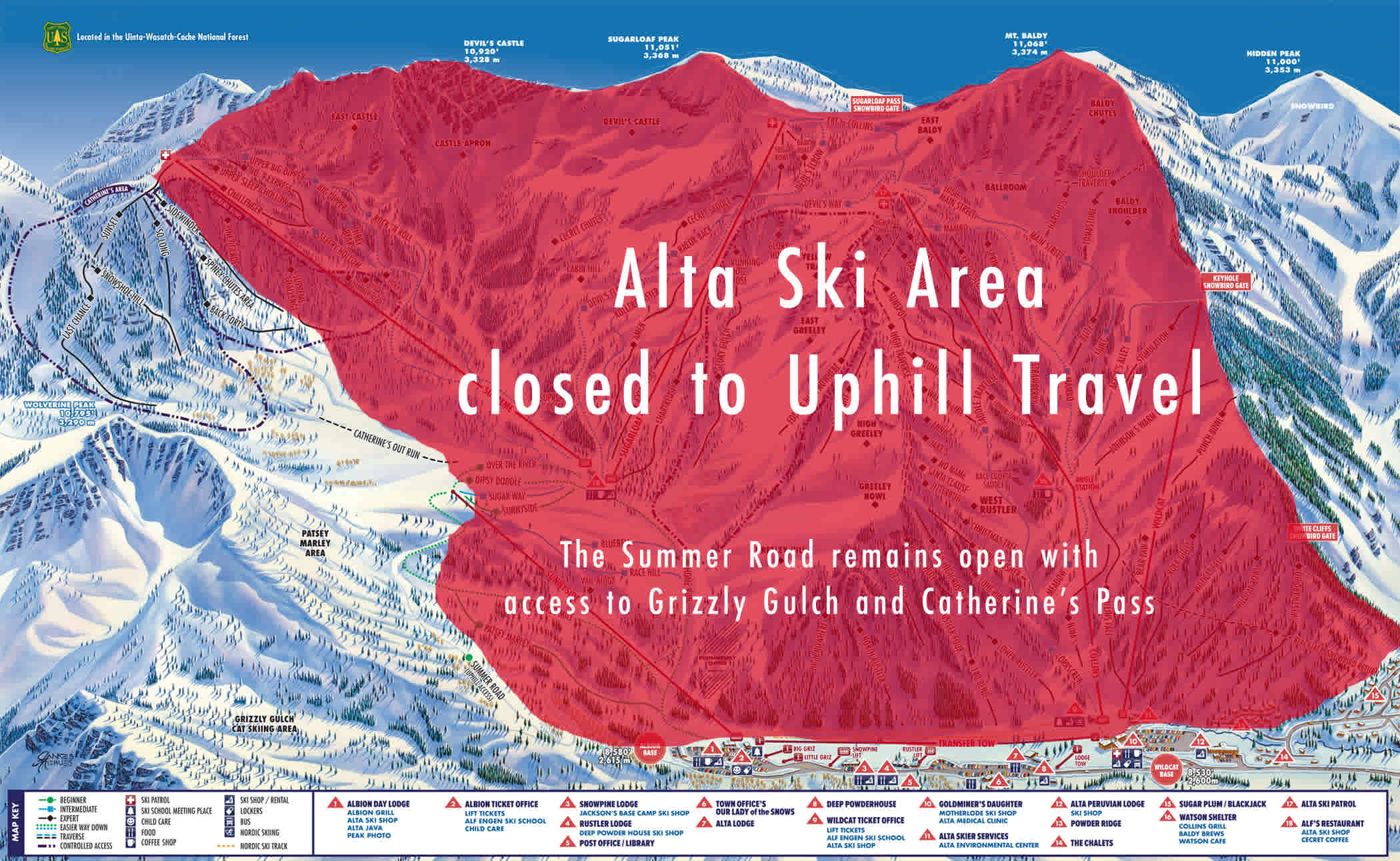 Alta Ski Area closed to Uphill Travel—Summer Road, Catherine's and Supreme open