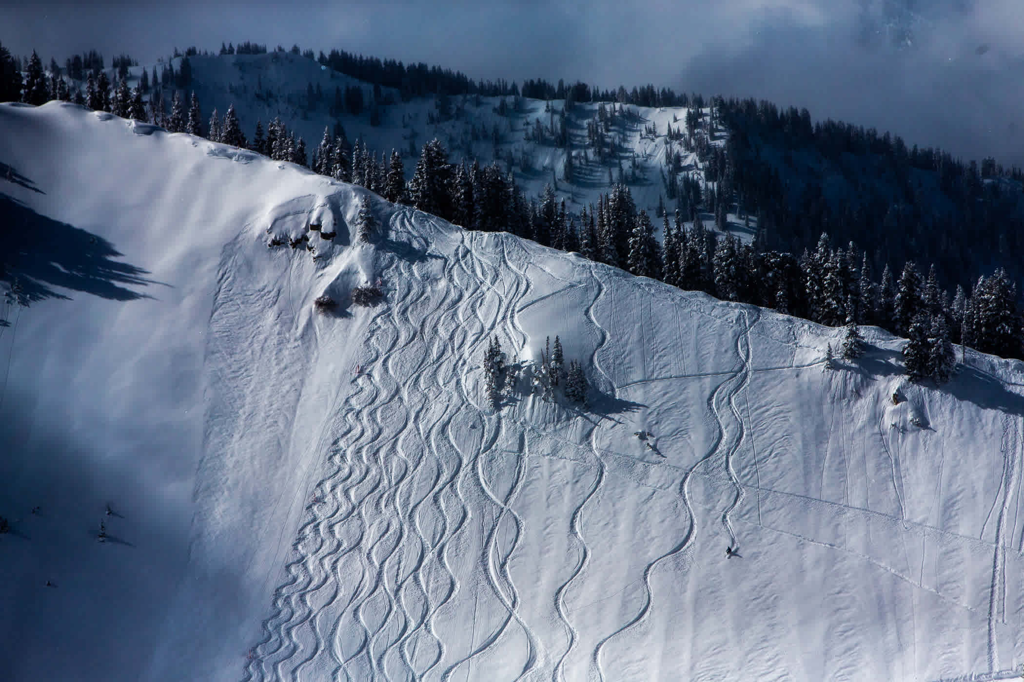 Skiers on Baldy Shoulder at Alta Country Club