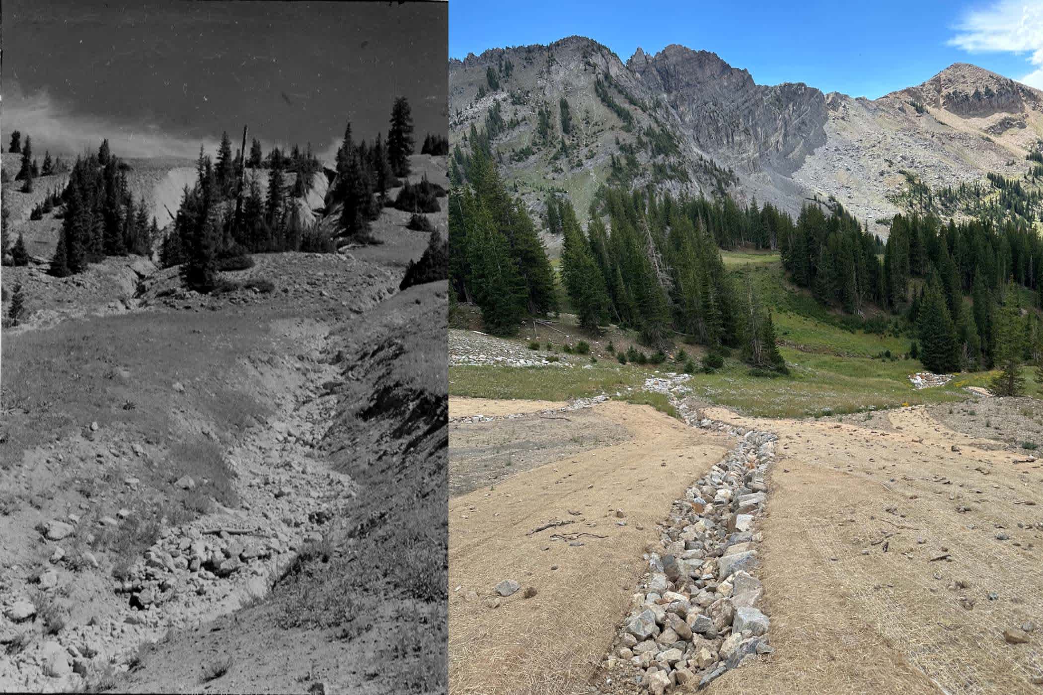 Two photos of a ski run, one shows historical damage due to erosion, the other shows repairs made to the terrain