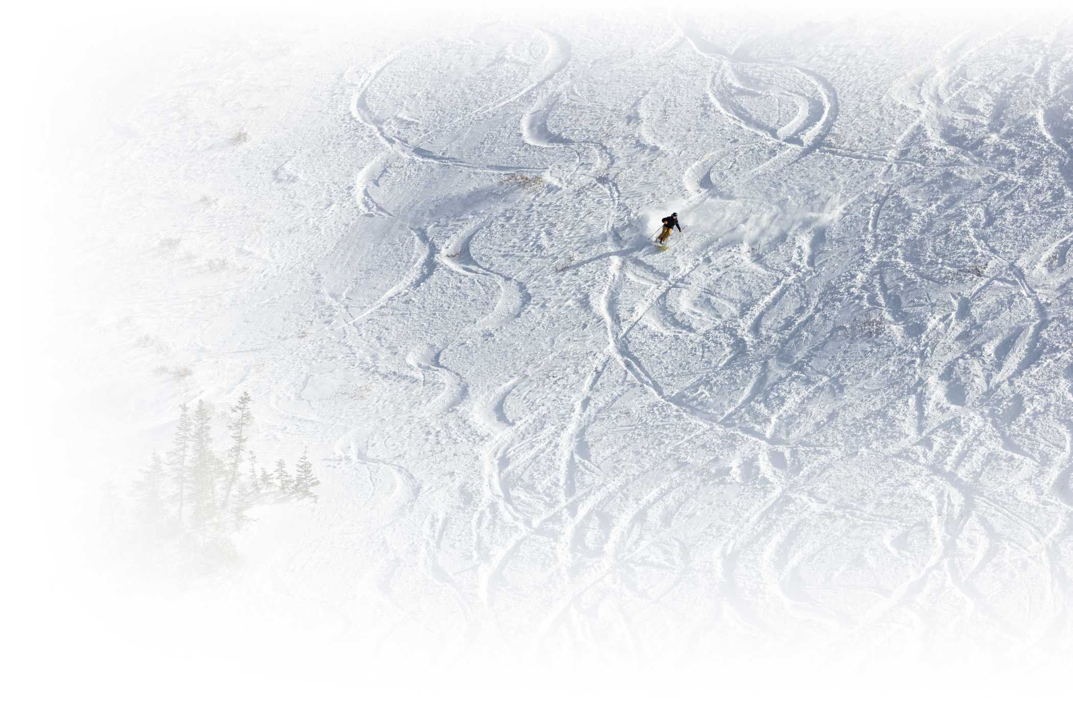 A skier navigates West Rustler on a sunny November day at Alta Ski Area