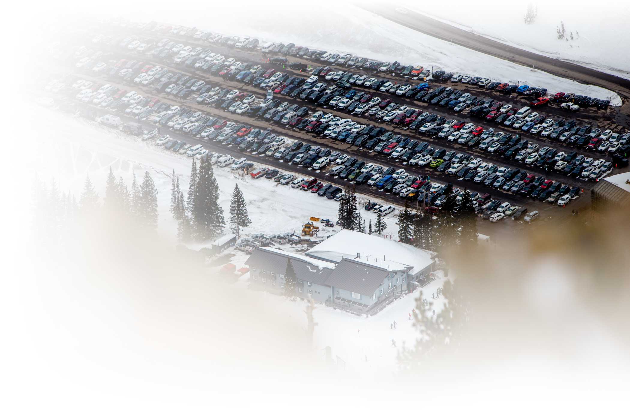 Cars parked in the Wildcat lot on a winter day at Alta Ski Area
