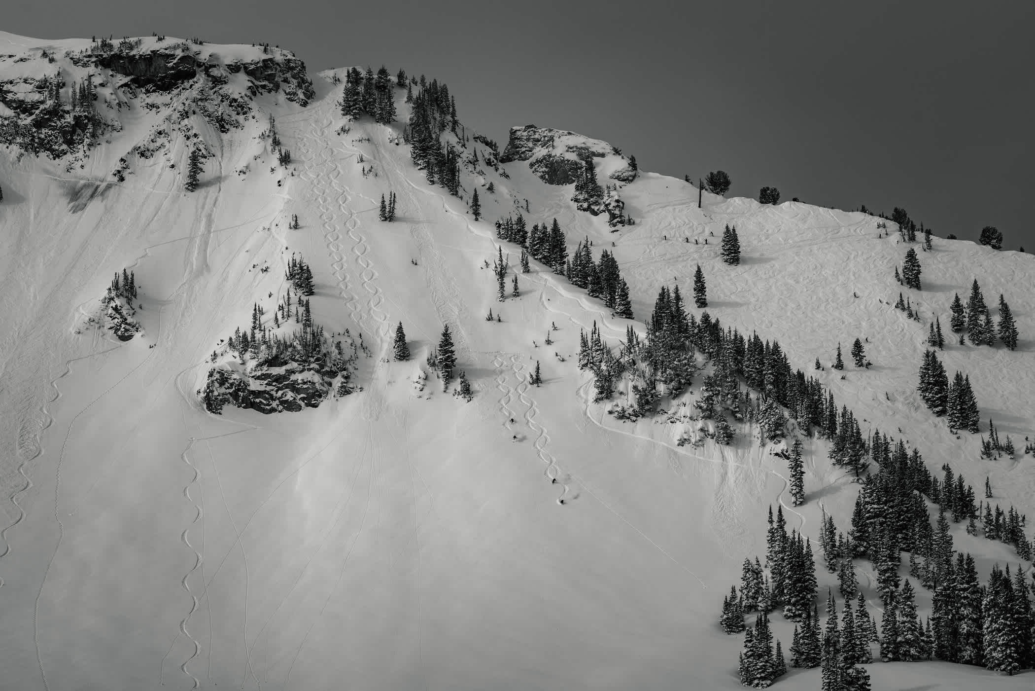 Skiers in a powder 8 formation ski down an untracked powder ski run