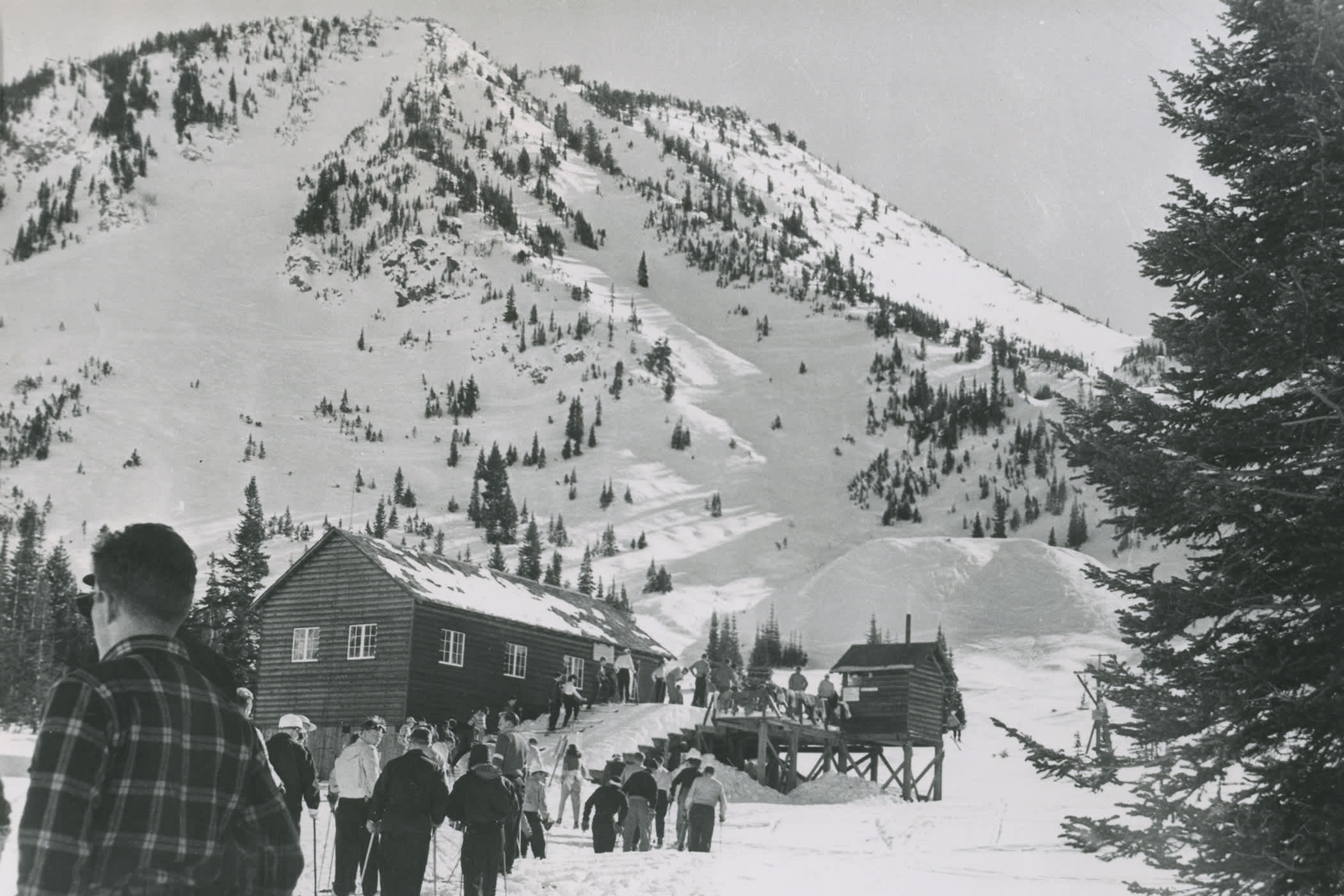 A view looking up the High Rustler ski run at Alta in the year 1940