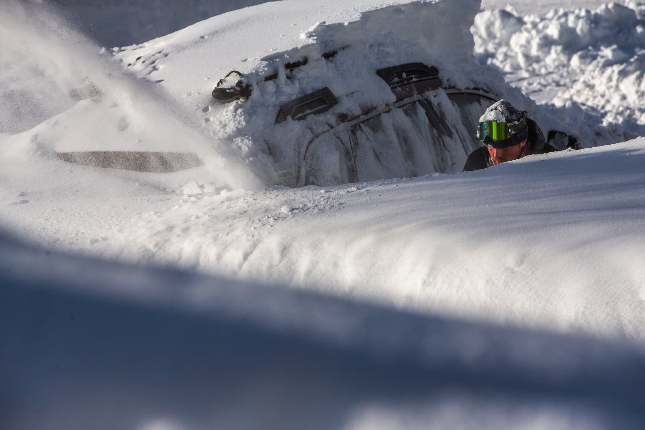 An employee works to extract a vehicle following a 60-hour interlodge