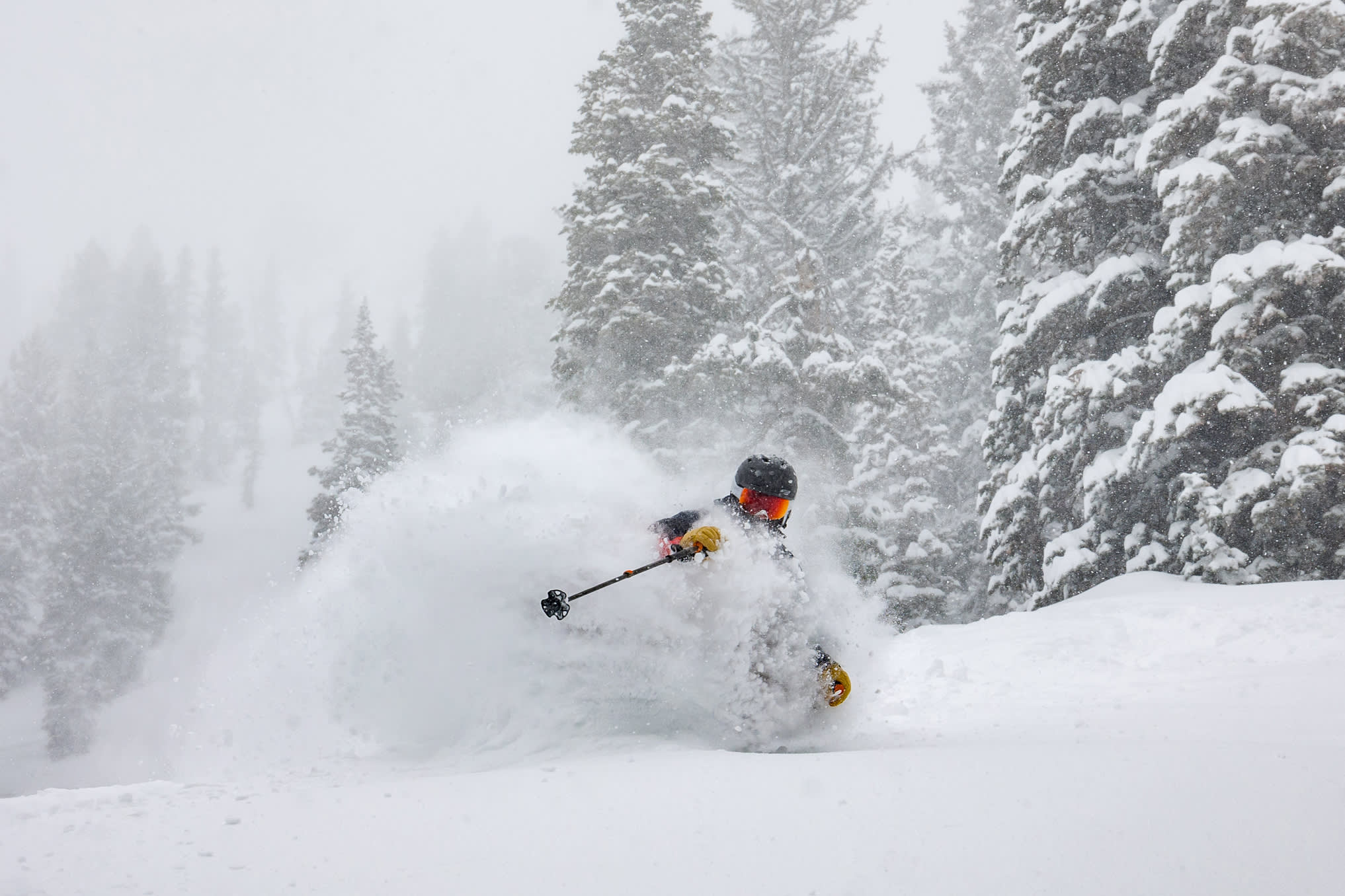Evan Thayer skis deep powder in April