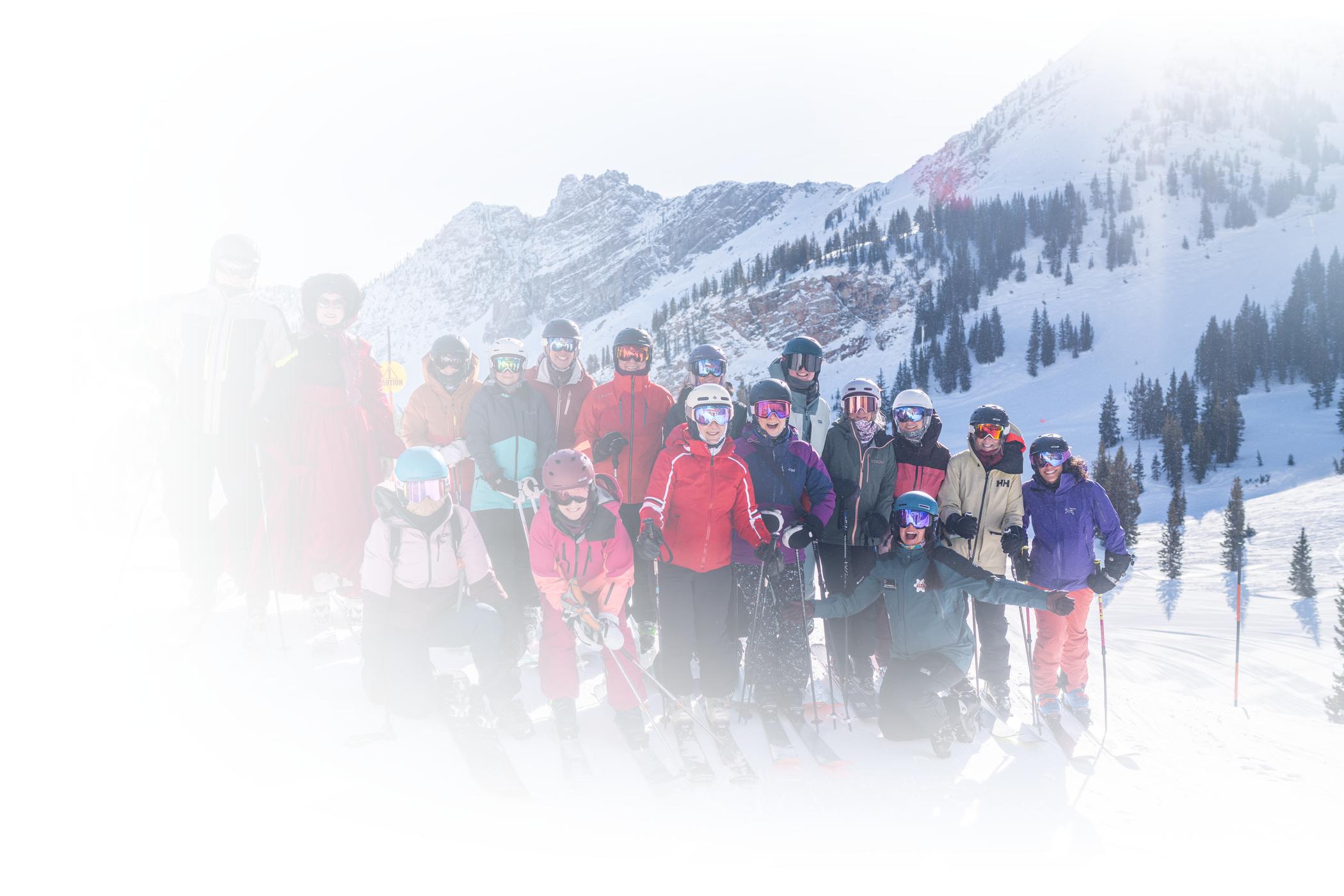 A group of women skiers at Alta Ski Area on a sunny winter day