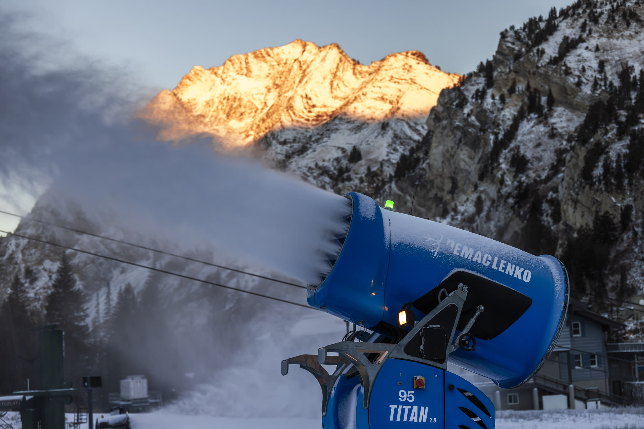 Demacolenko snowgun blowing snow from siphoned water from Cecret lake