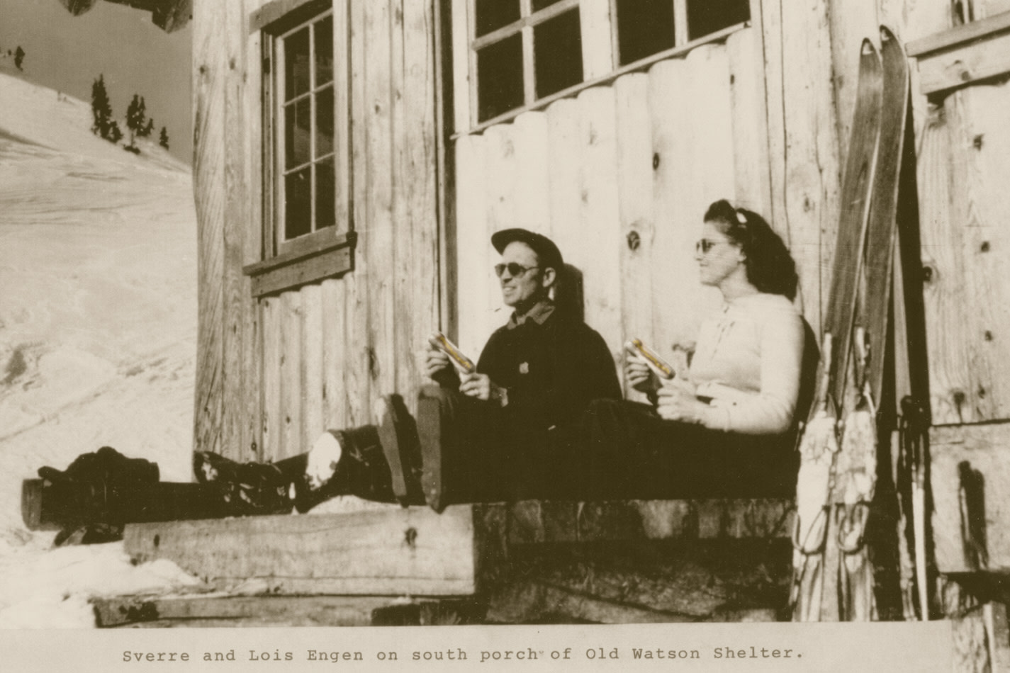 Sverre and Lois Engen&mdash;hot doggers eating hot dogs at Watson Shelter, circa 1950