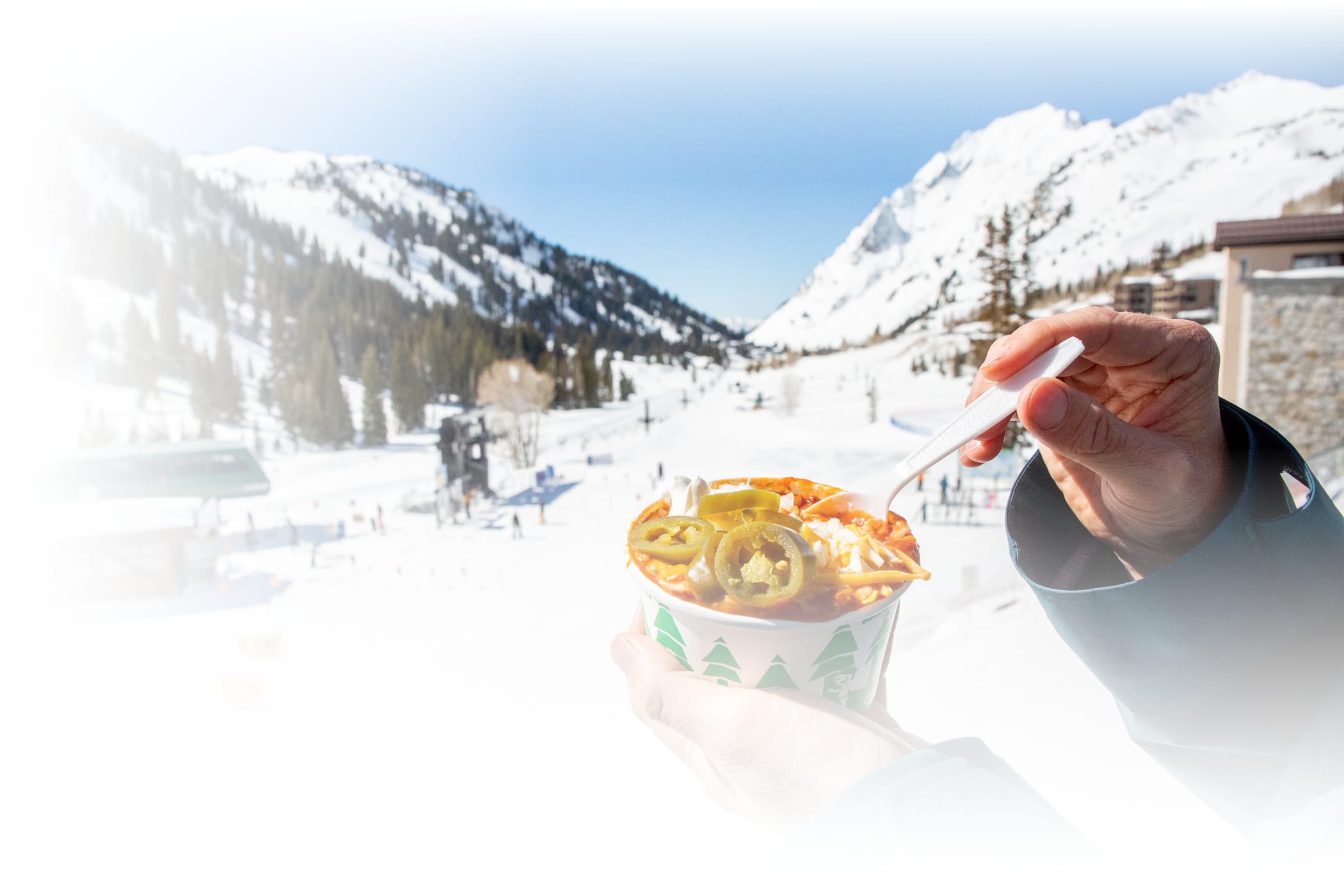 A bowl of chili from the Albion Grill with Mount Superior in the background