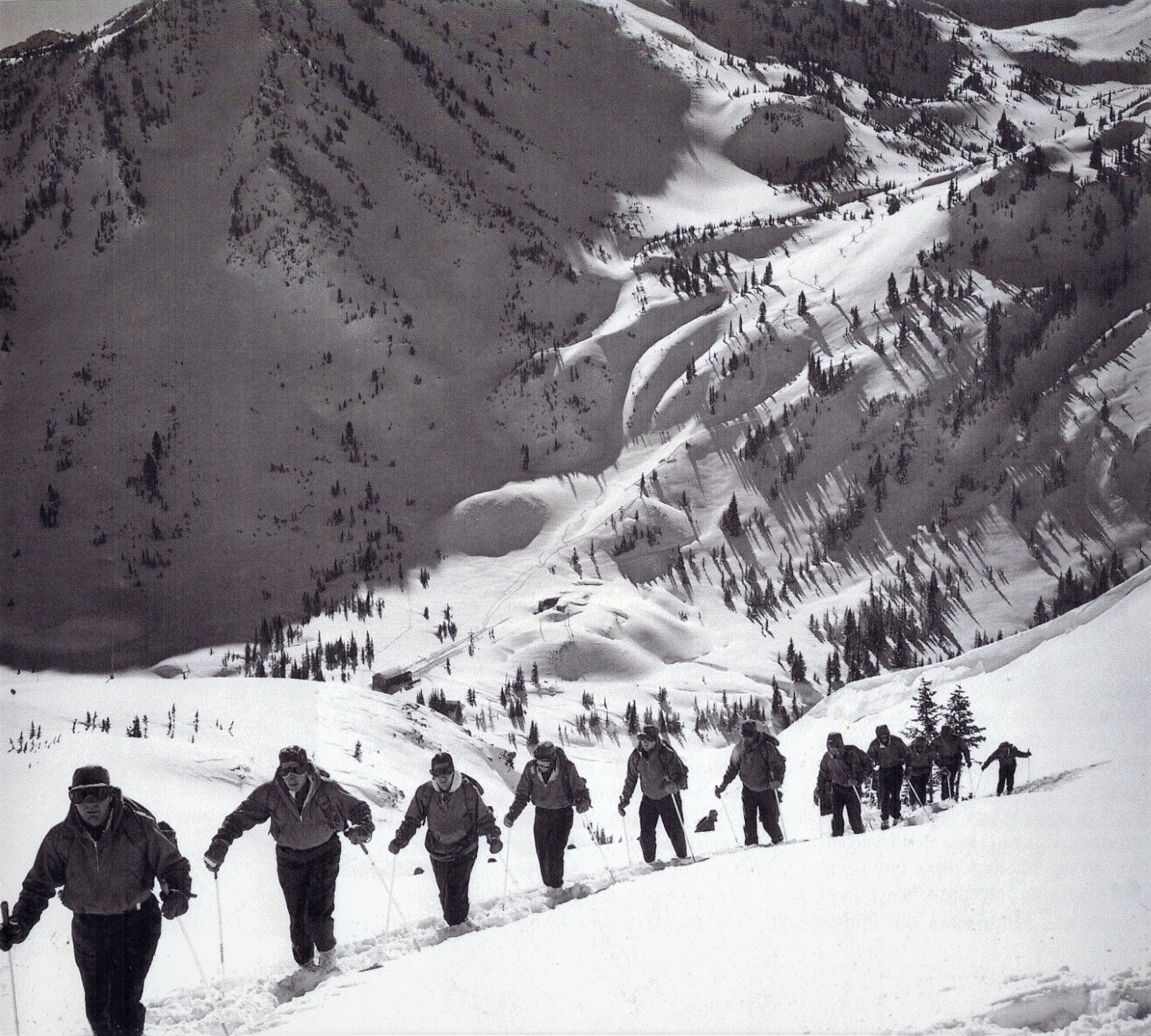 Paratroopers learned the basics of alpine travel on skis. Alta Ski Area in the background.