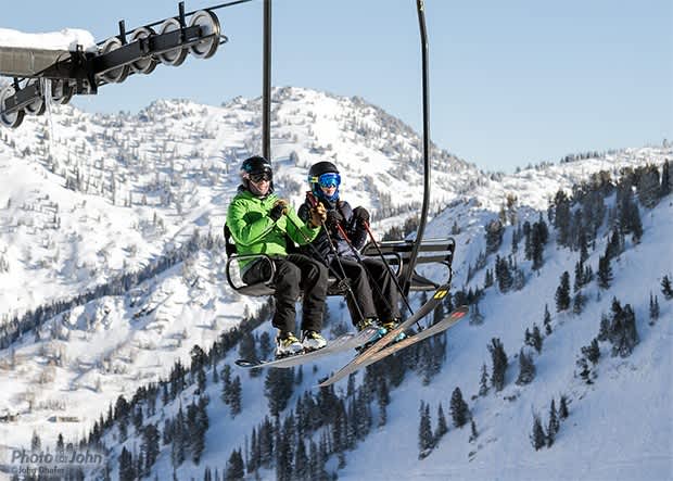 Jim and his girlfriend JP, nearing the top of Alta’s Wildcat chairlift.   