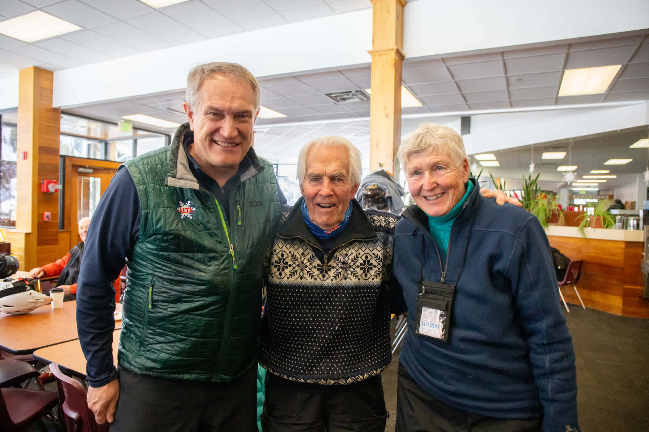 Bob Murdoch celebrate his 96th birthday with Alta GM Mike Maughan and Harriet Wallis