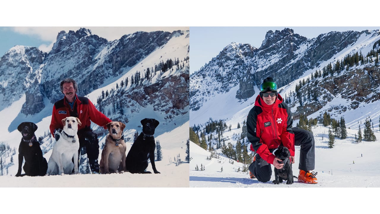 Left: Dan "OC" O'Connell, Alta's first avalanche dog handler Right: Greg Miller with OC