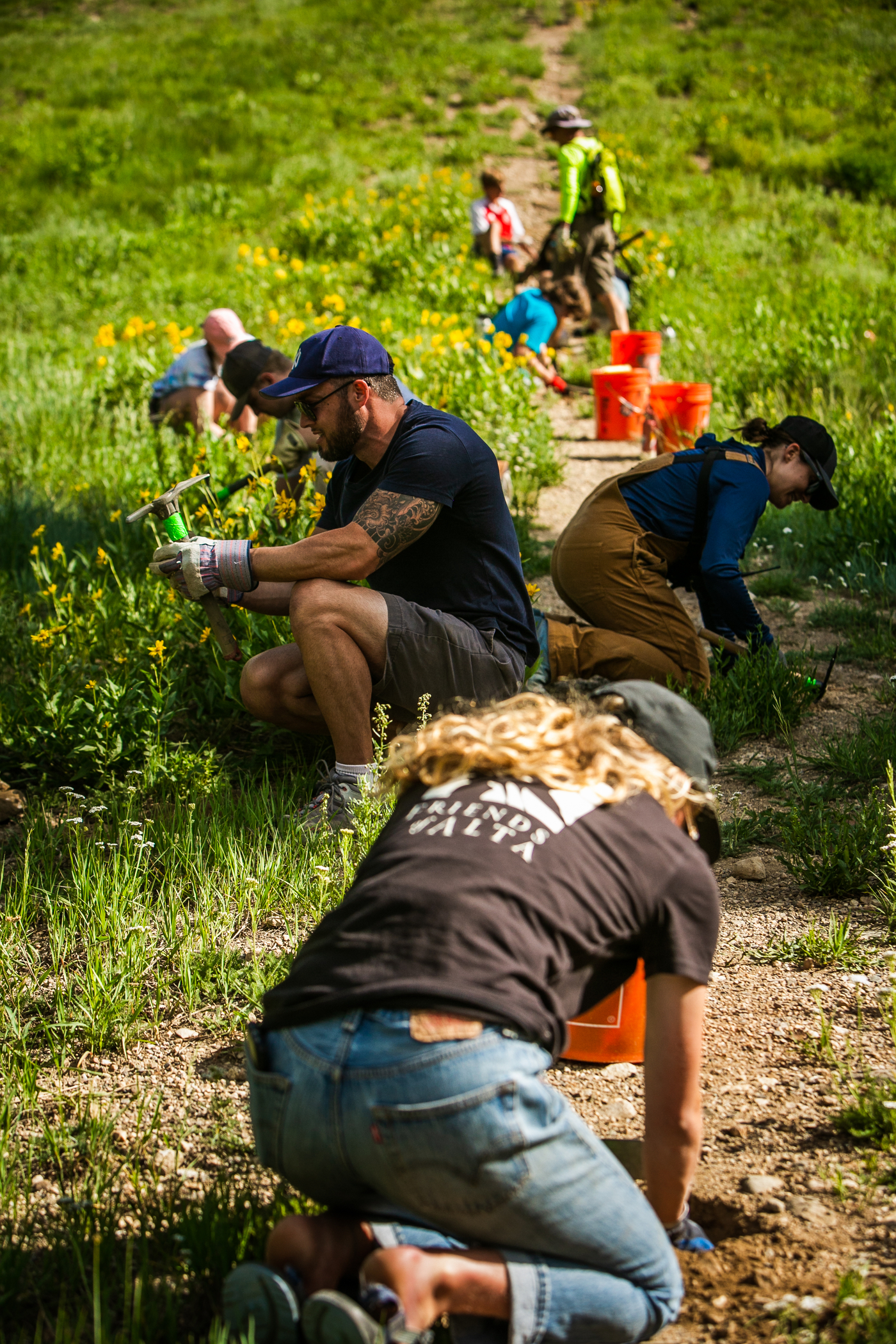 volunteers planting along a user-created trail