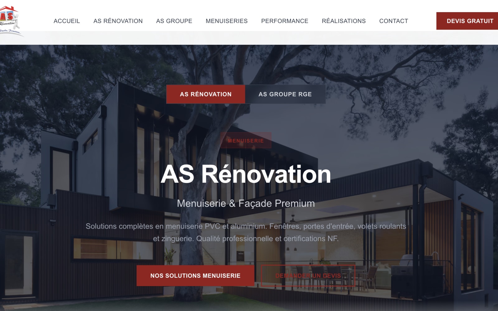 Page d'accueil du site d'AS Rénovation, menuisier et artisan RGE en Île-de-France, avec le bouton Devis gratuit