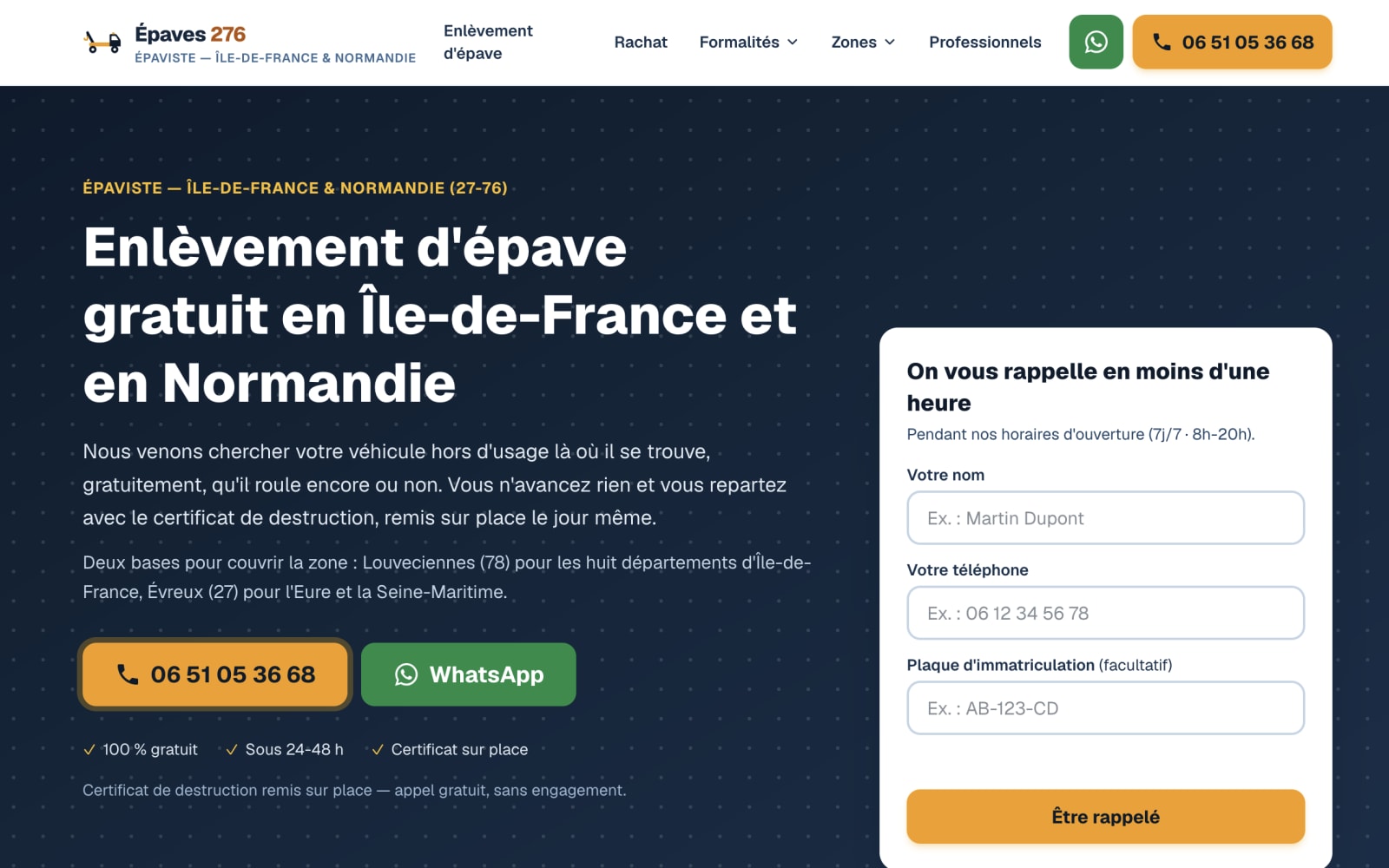 Site internet d'Épaves 276, épaviste à Évreux, affiché sur smartphone avec le bouton d'appel