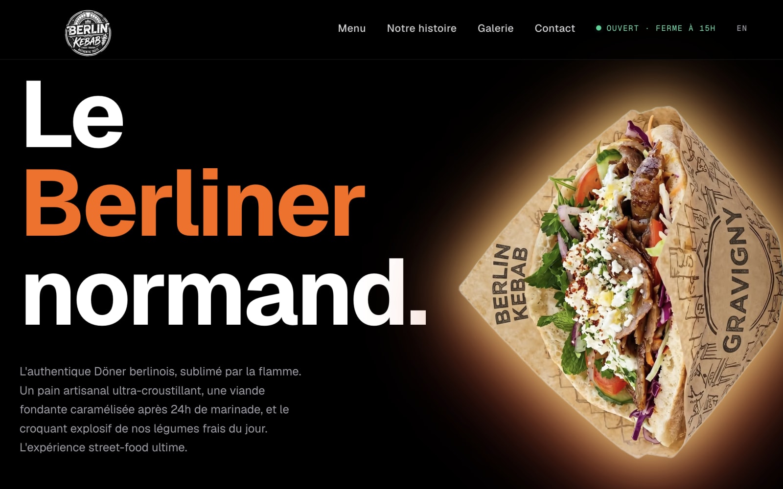Page d'accueil du site du Berliner Kebab, restaurant de döner berlinois à Gravigny, sur smartphone
