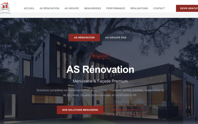 Page d'accueil du site d'AS Rénovation, menuisier et artisan RGE en Île-de-France, avec le bouton Devis gratuit