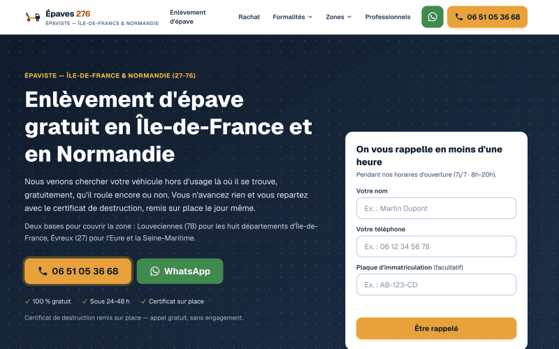 Site internet d'Épaves 276, épaviste à Évreux, affiché sur smartphone avec le bouton d'appel
