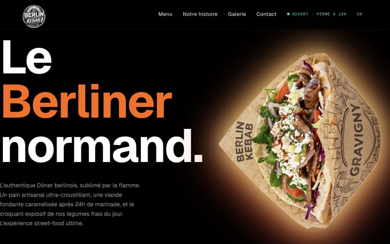 Page d'accueil du site du Berliner Kebab, restaurant de döner berlinois à Gravigny, sur smartphone