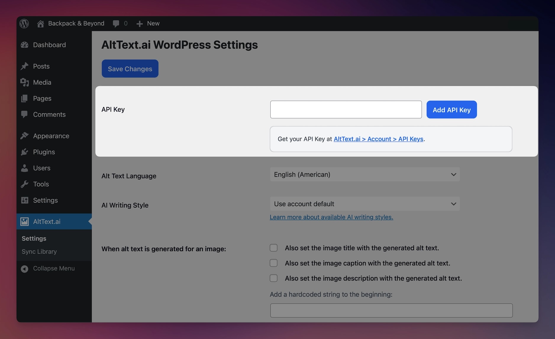 Screenshot of AltText.ai WordPress Plugin settings for API Key.