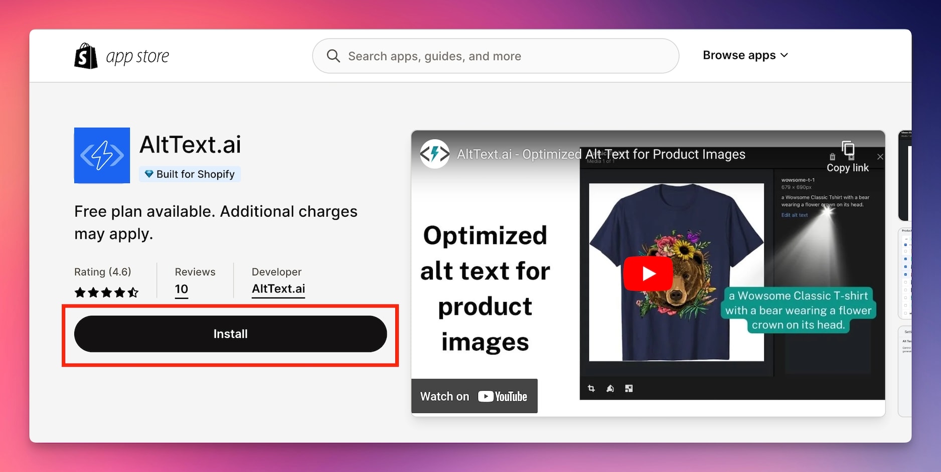 Screenshot of AltText.ai Shopify app listing.