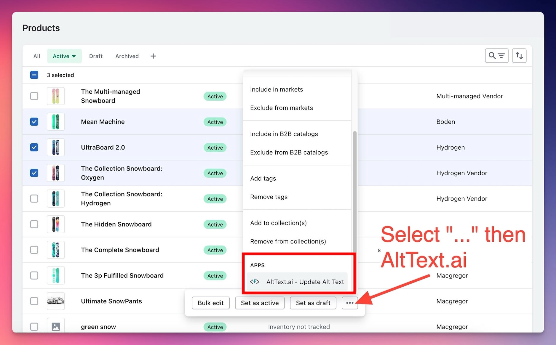 Shopify App updating alt text for selected products.
