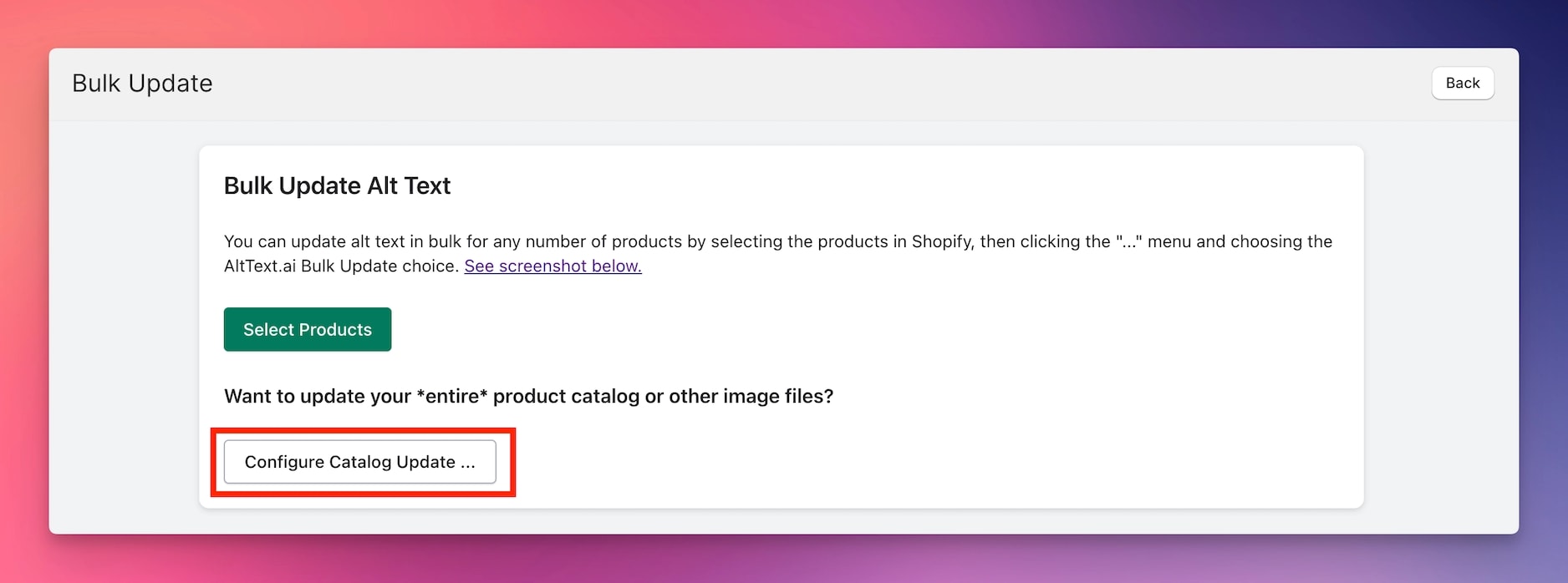 Shopify Bulk Update configuration screen.
