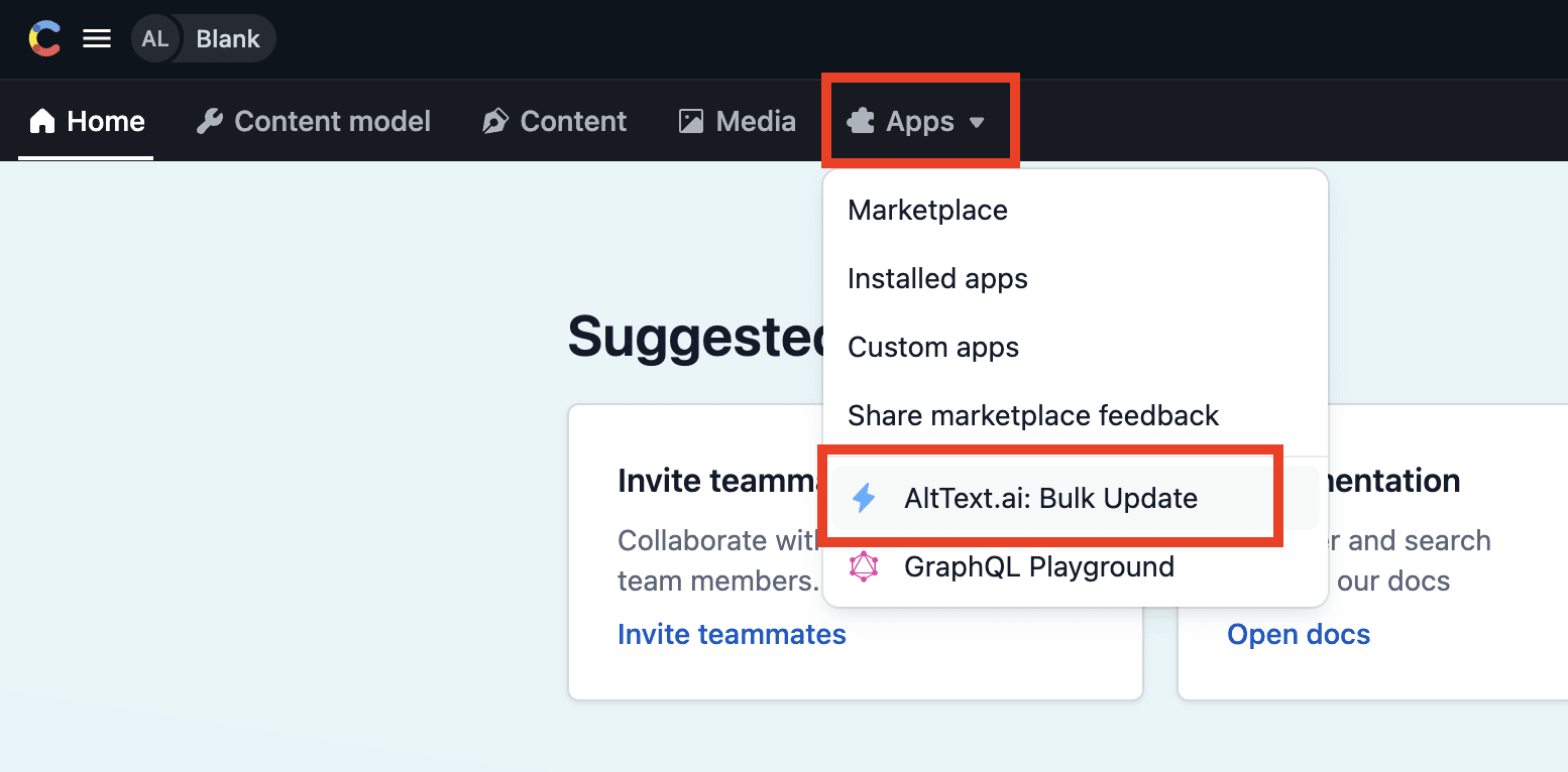 Bulk update menu in the AltText.ai Contentful app.
