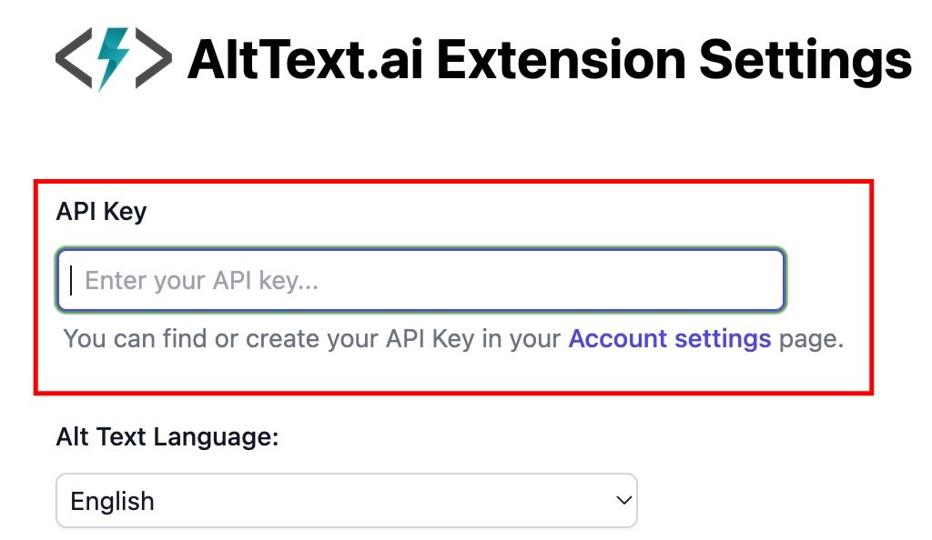 AltText.ai chrome extension settings screen.