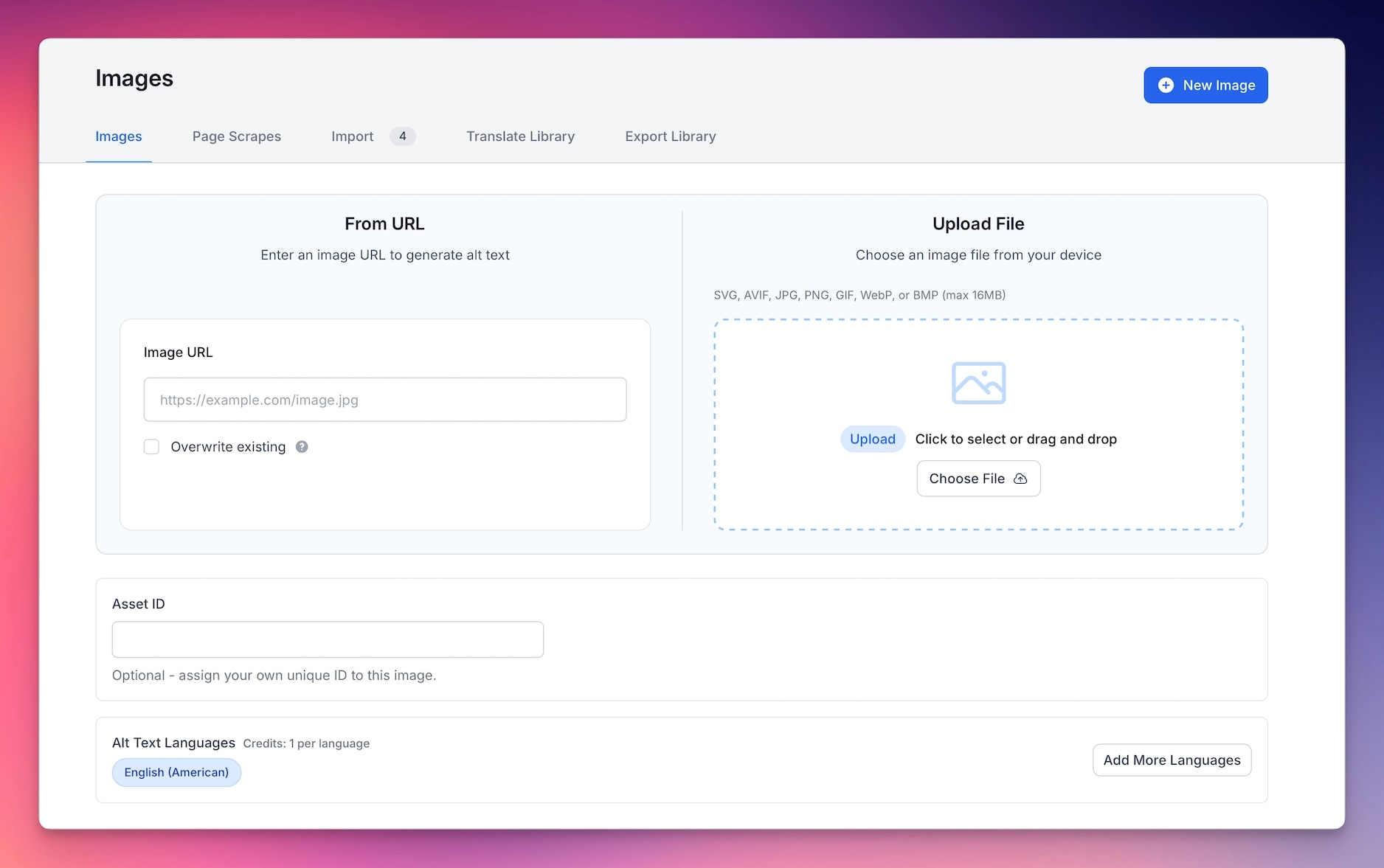 AltText.ai web UI to add an image.