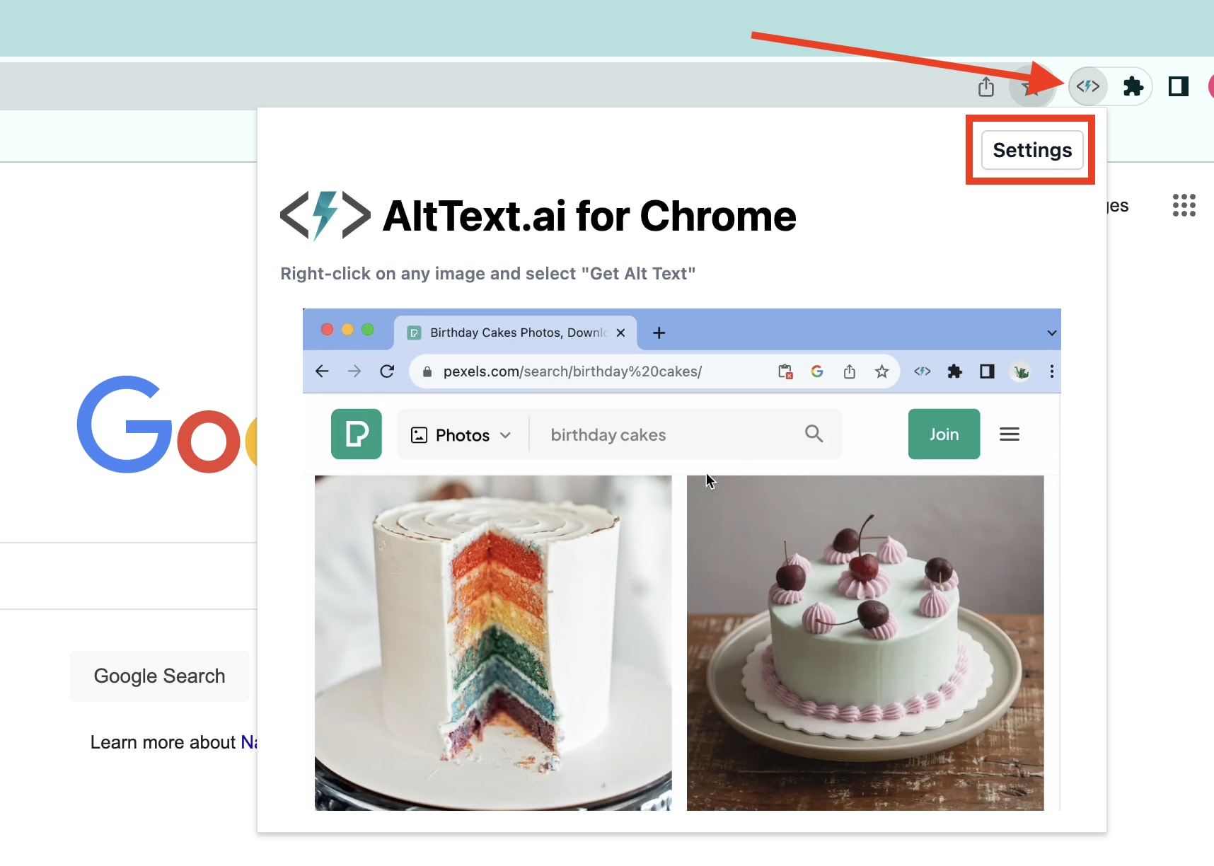Chrome extension options button.