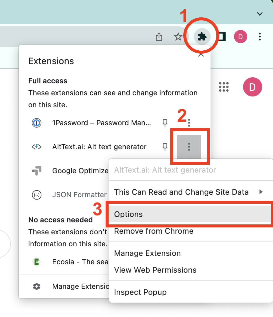 Chrome extension options from menu selection.
