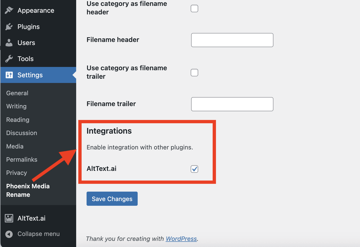 Phoenix Media Rename settings page for AltText.ai.