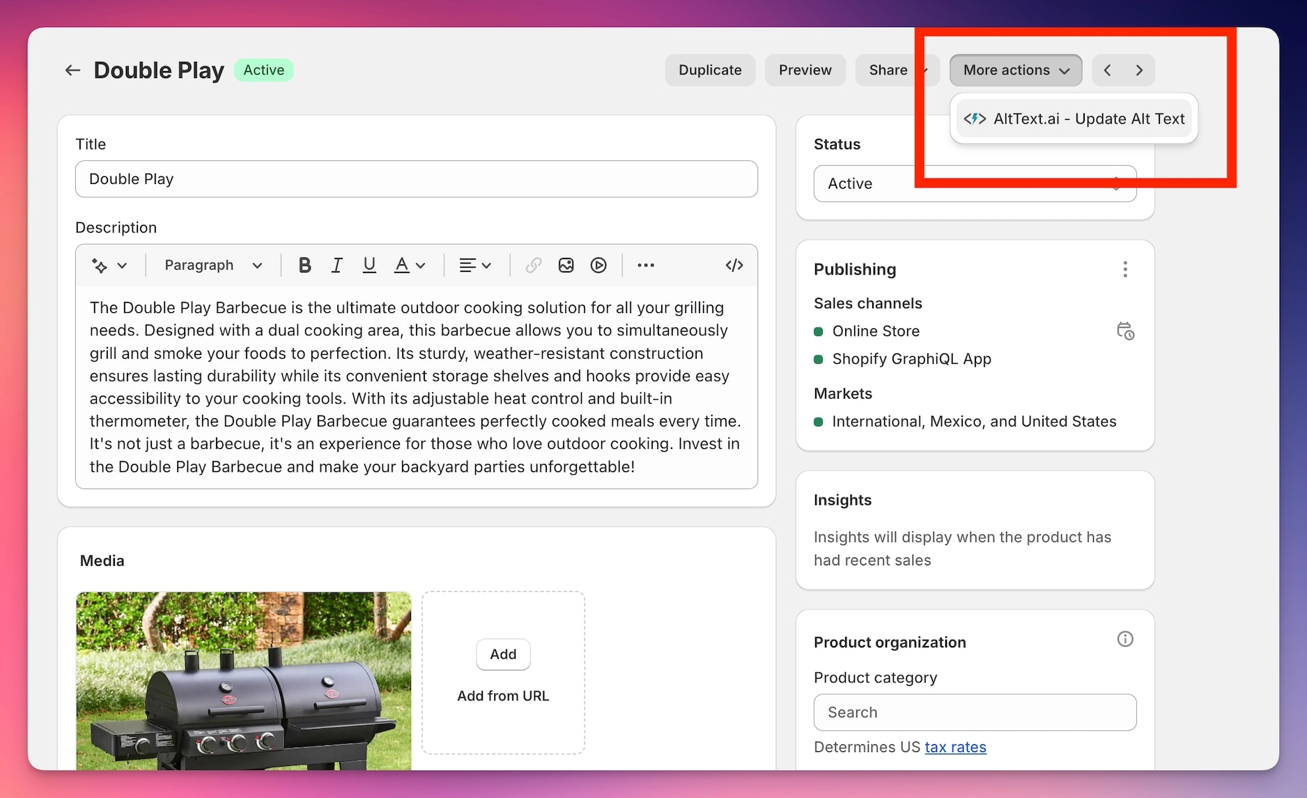 Updating alt text for a single product in the Shopify admin.