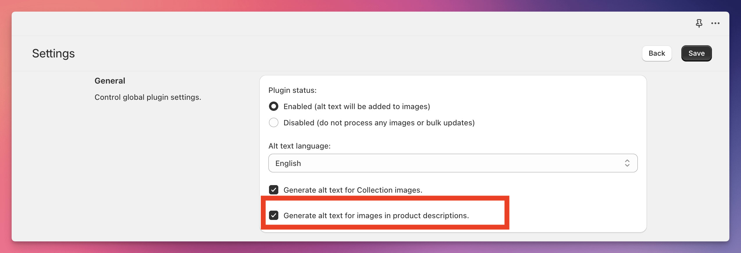 Shopify App settings for product descriptions.