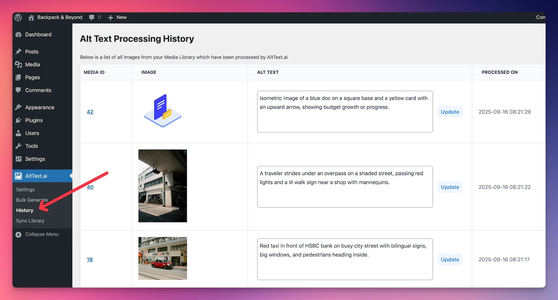 Reviewing generated alt text on the History page