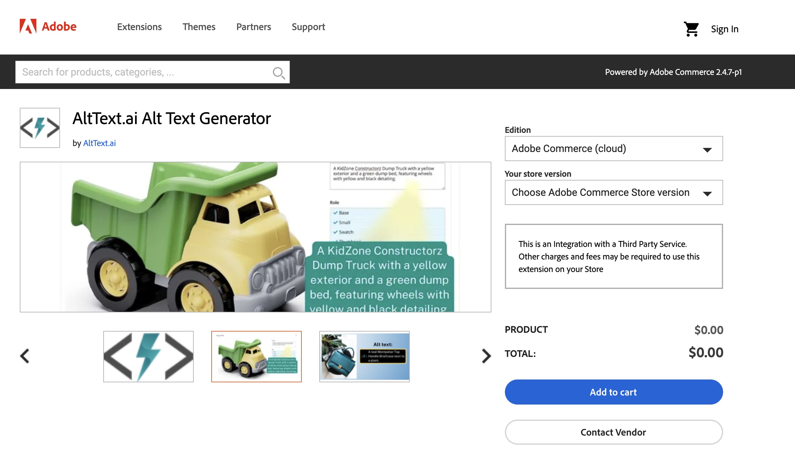 Screenshot of AltText.ai Magento extension listing.