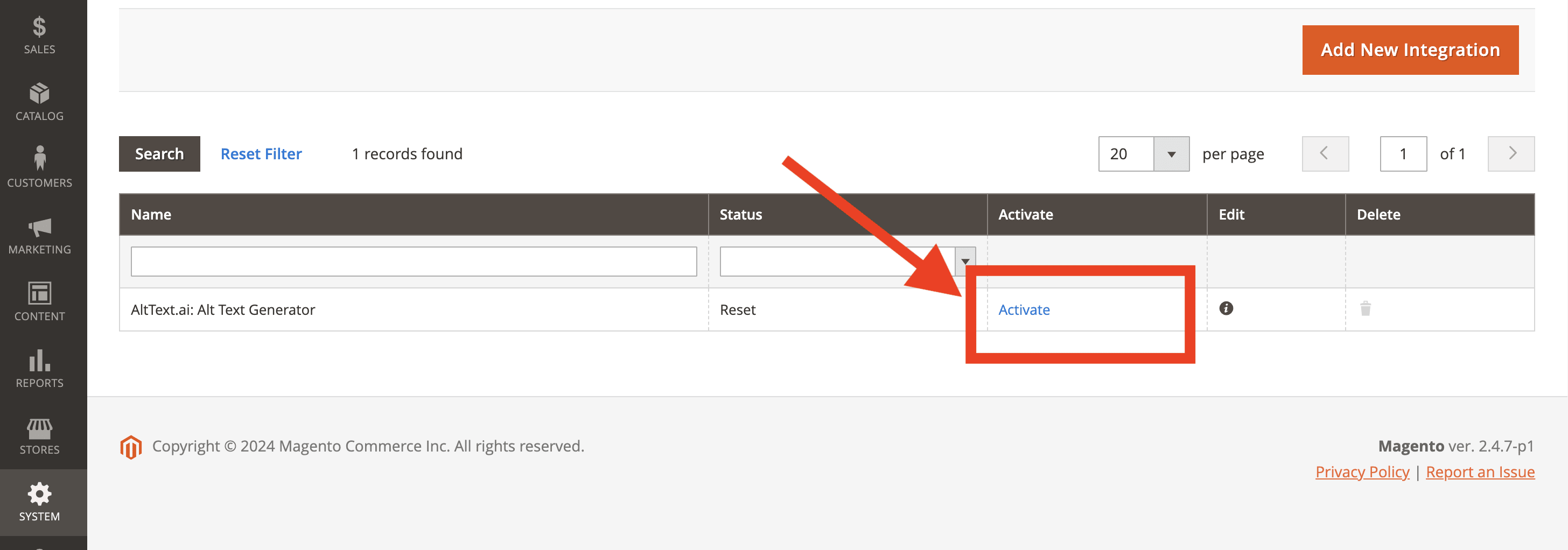 Activating the AltText.ai Magento extension.