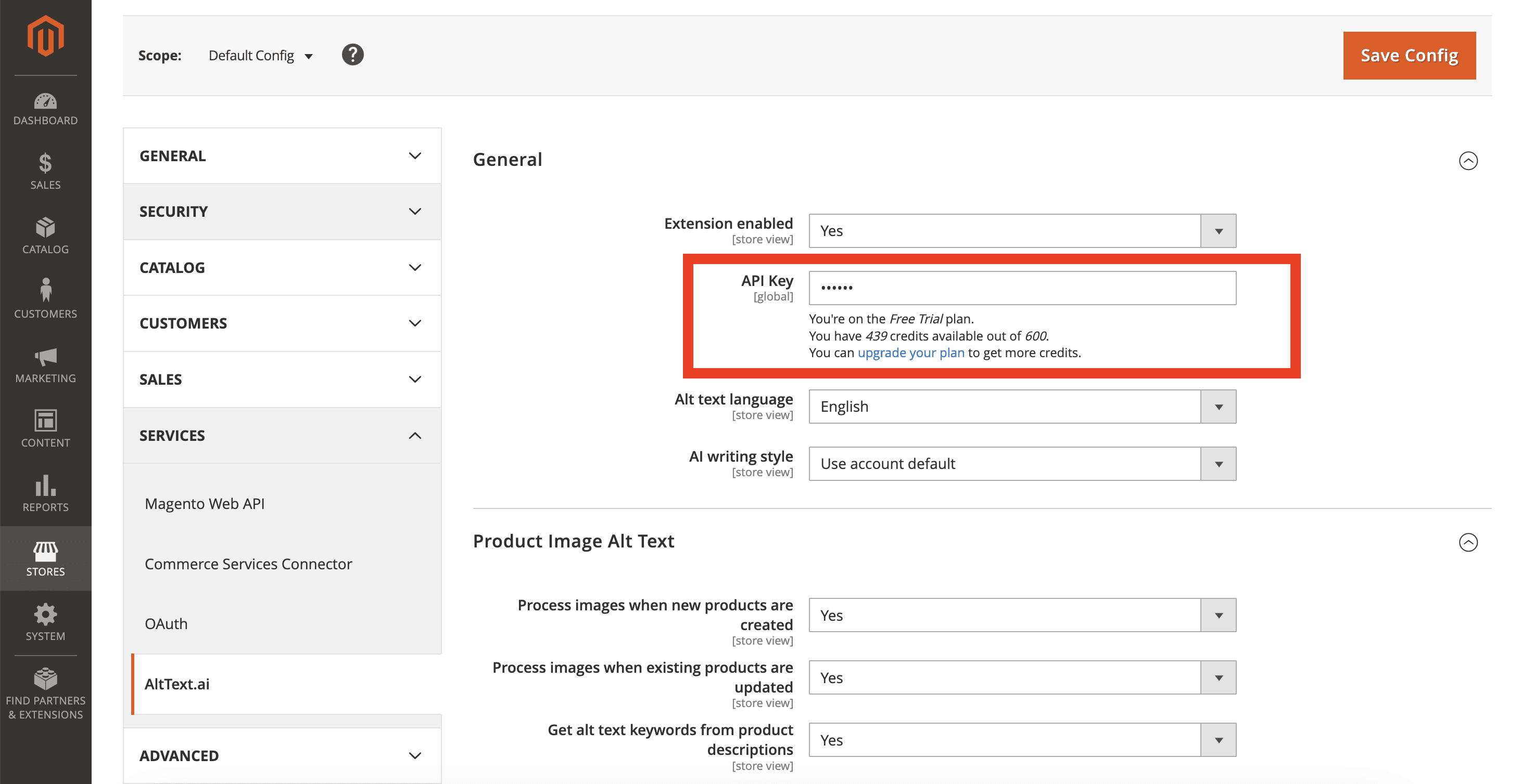 Screenshot of AltText.ai Magento Extension settings for API Key.