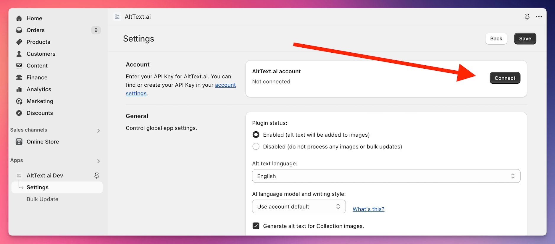Screenshot of AltText.ai Shopify app settings for API Key.