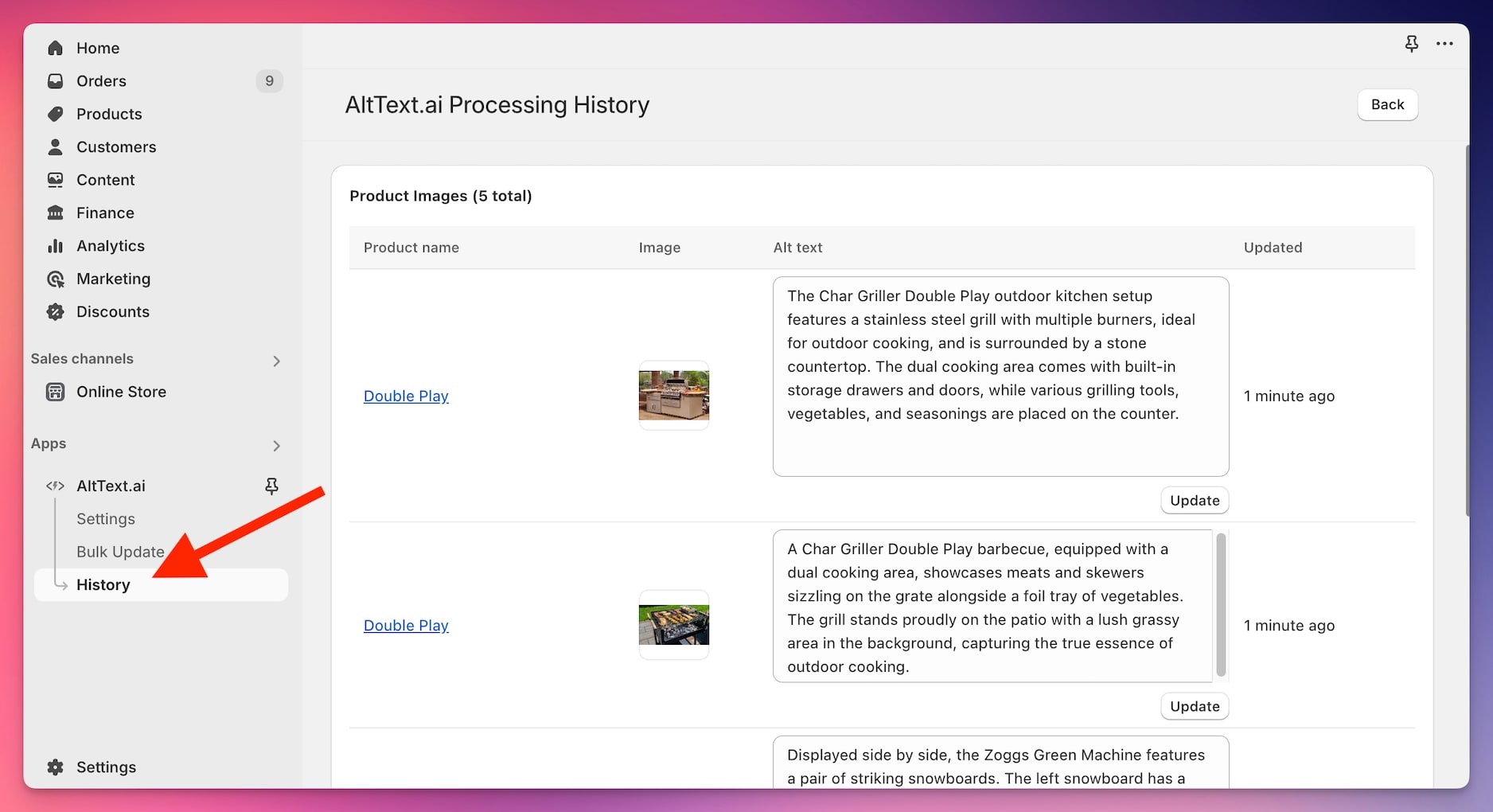 Viewing the History page in the Shopify app