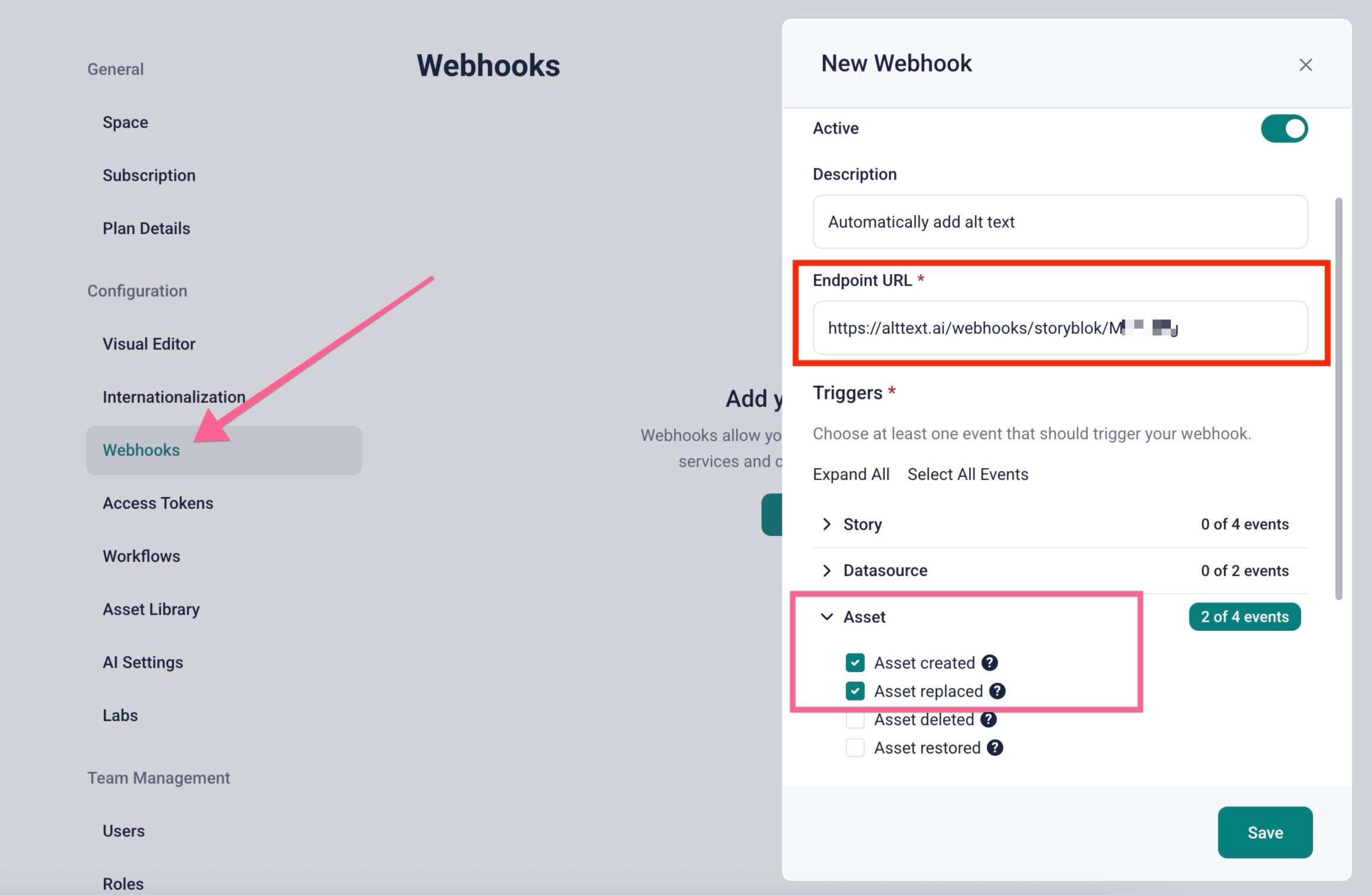Setting up a StoryBlok webhook for your AltText.ai integration