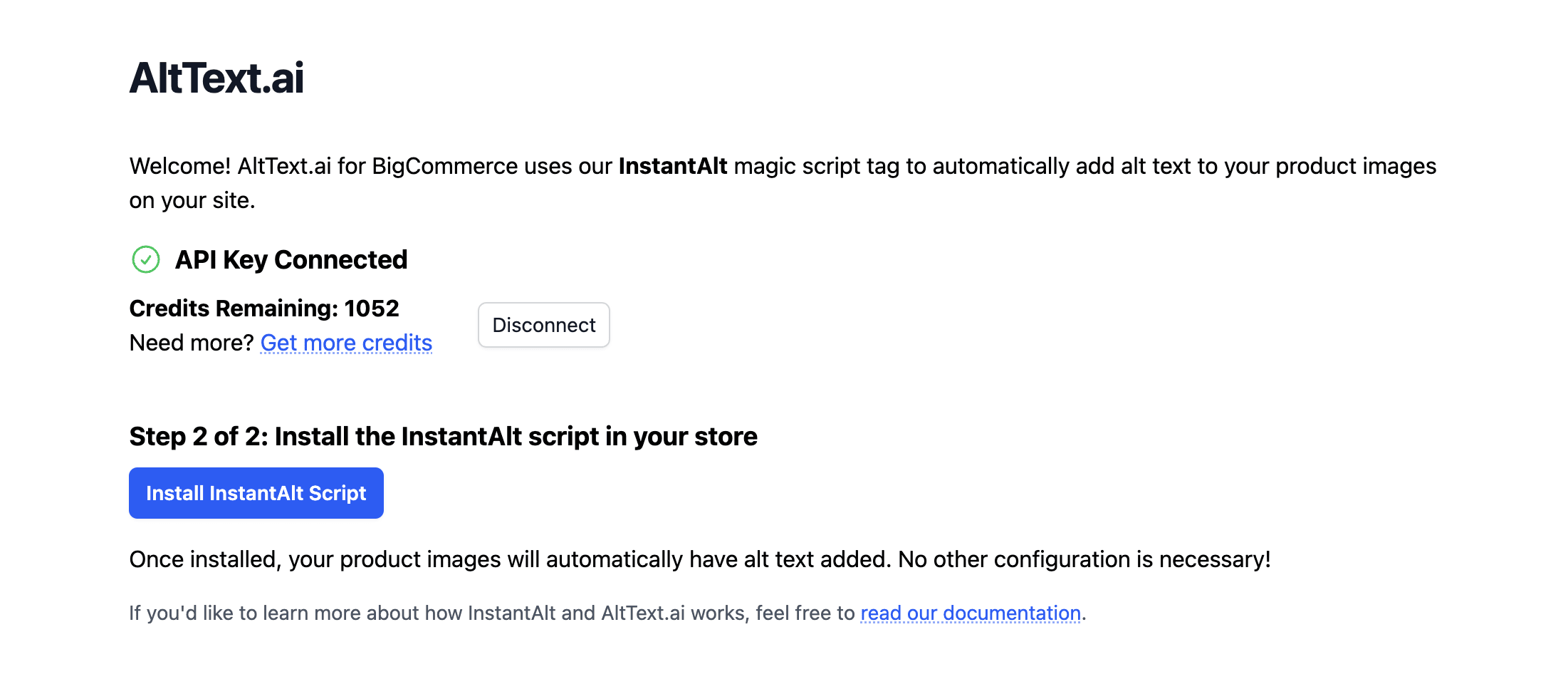 Screenshot of AltText.ai BigCommerce app setup for API Key.
