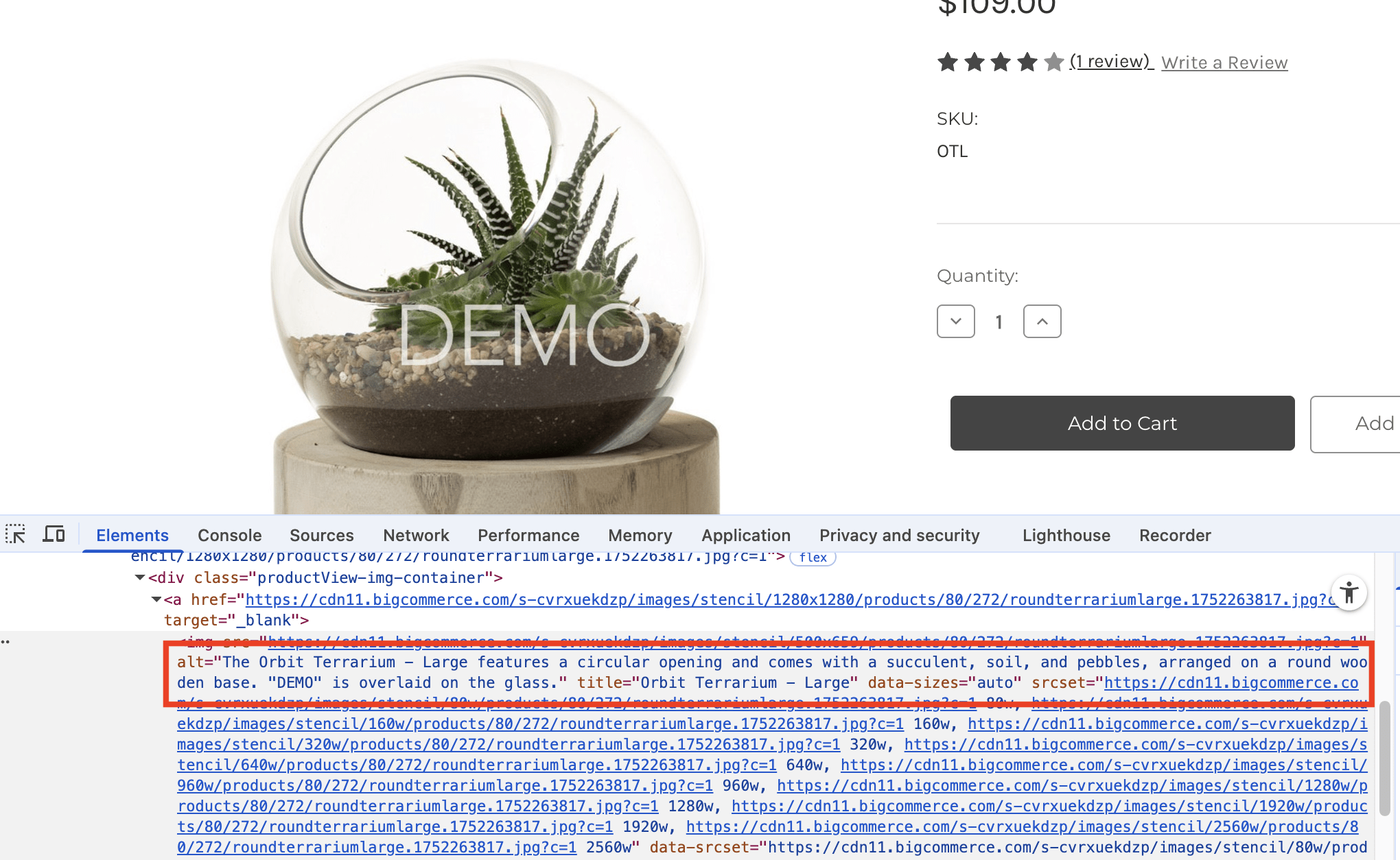 A BigCommerce product page with alt text added by AltText.ai.