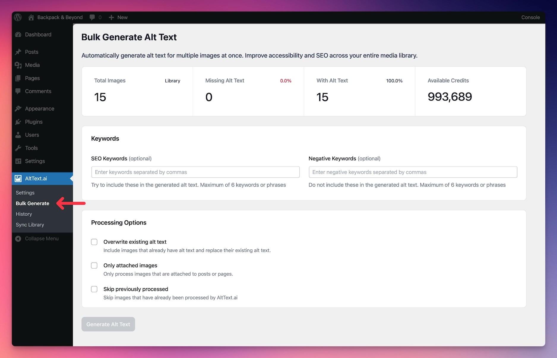 Screenshot of AltText.ai WordPress plugin Bulk Update.
