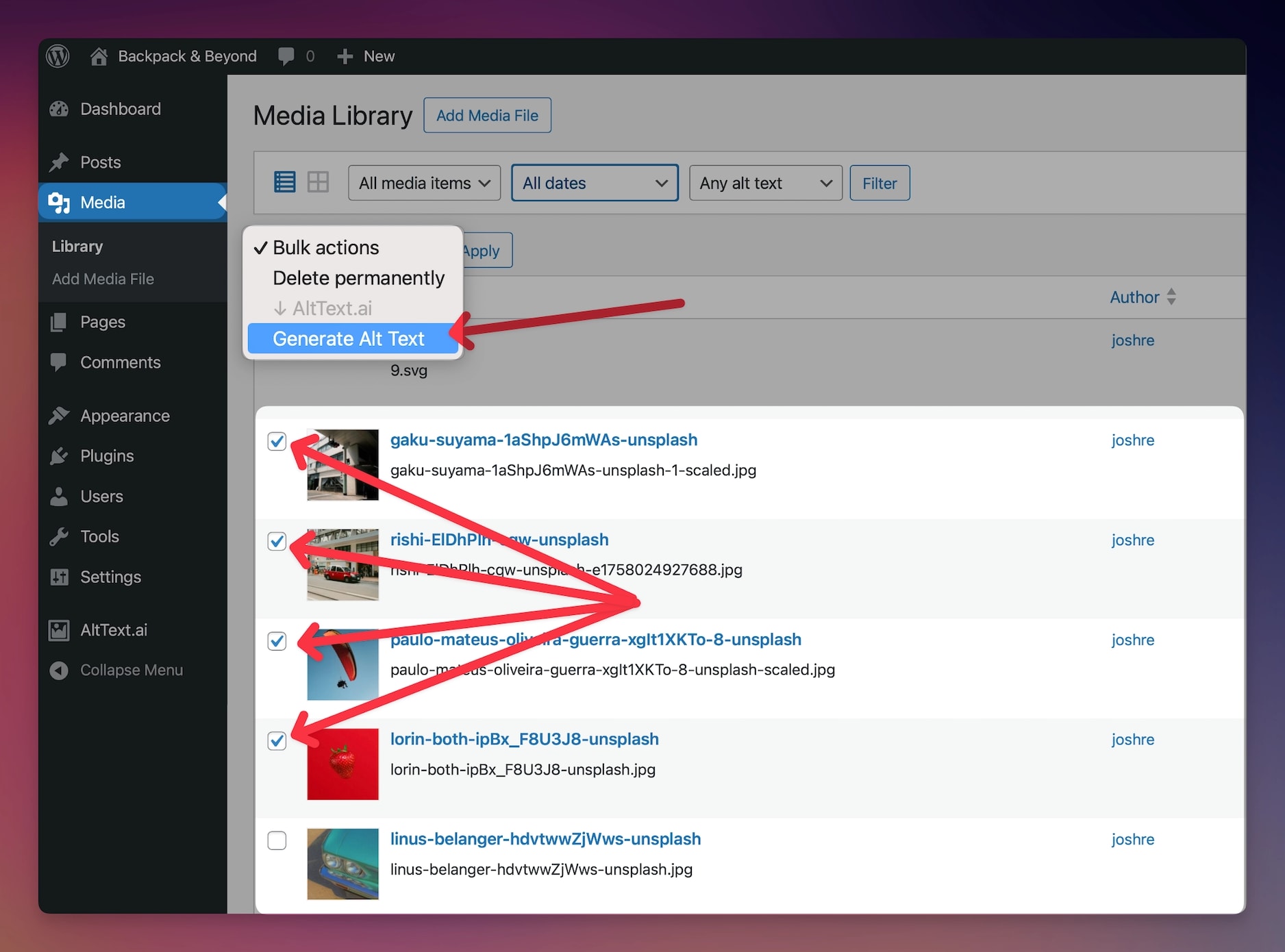 Screenshot of AltText.ai WordPress plugin Bulk Action dropdown.