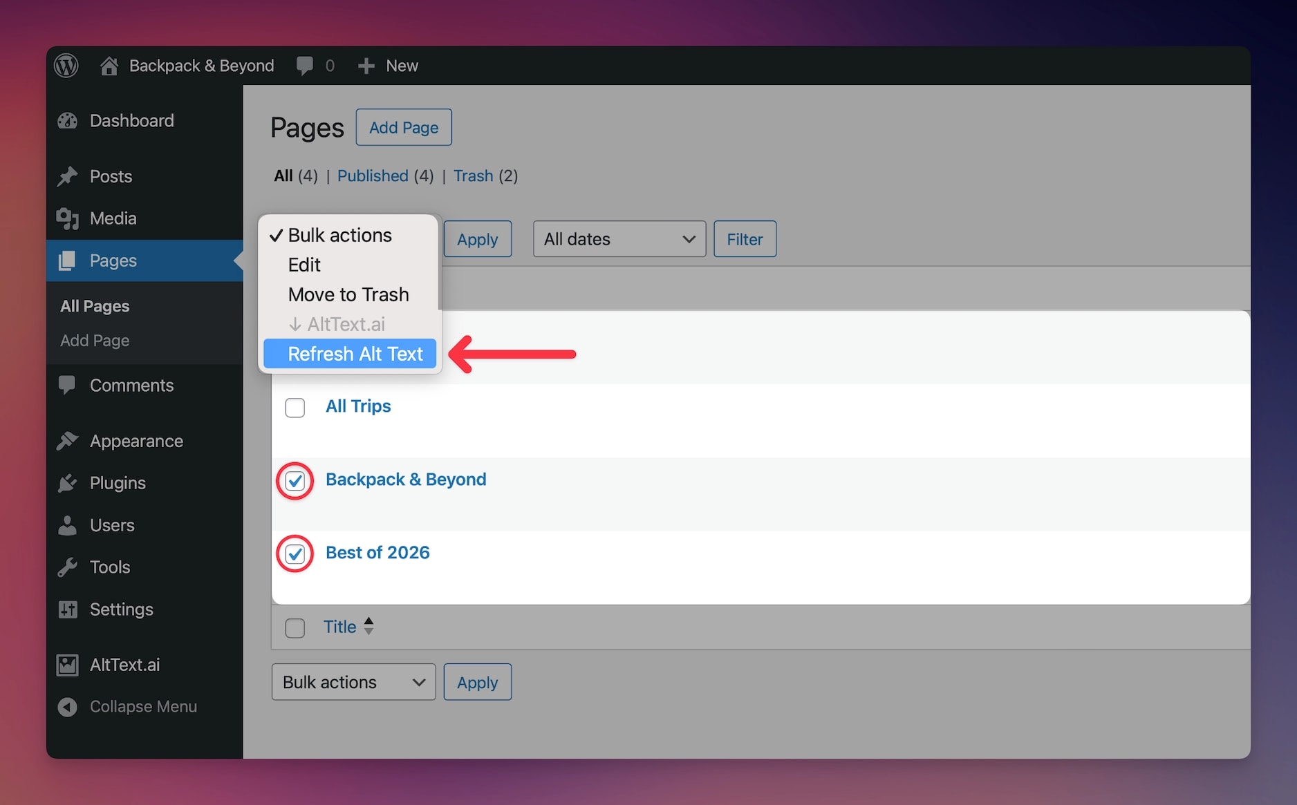Screenshot of AltText.ai WordPress plugin bulk refresh post button.
